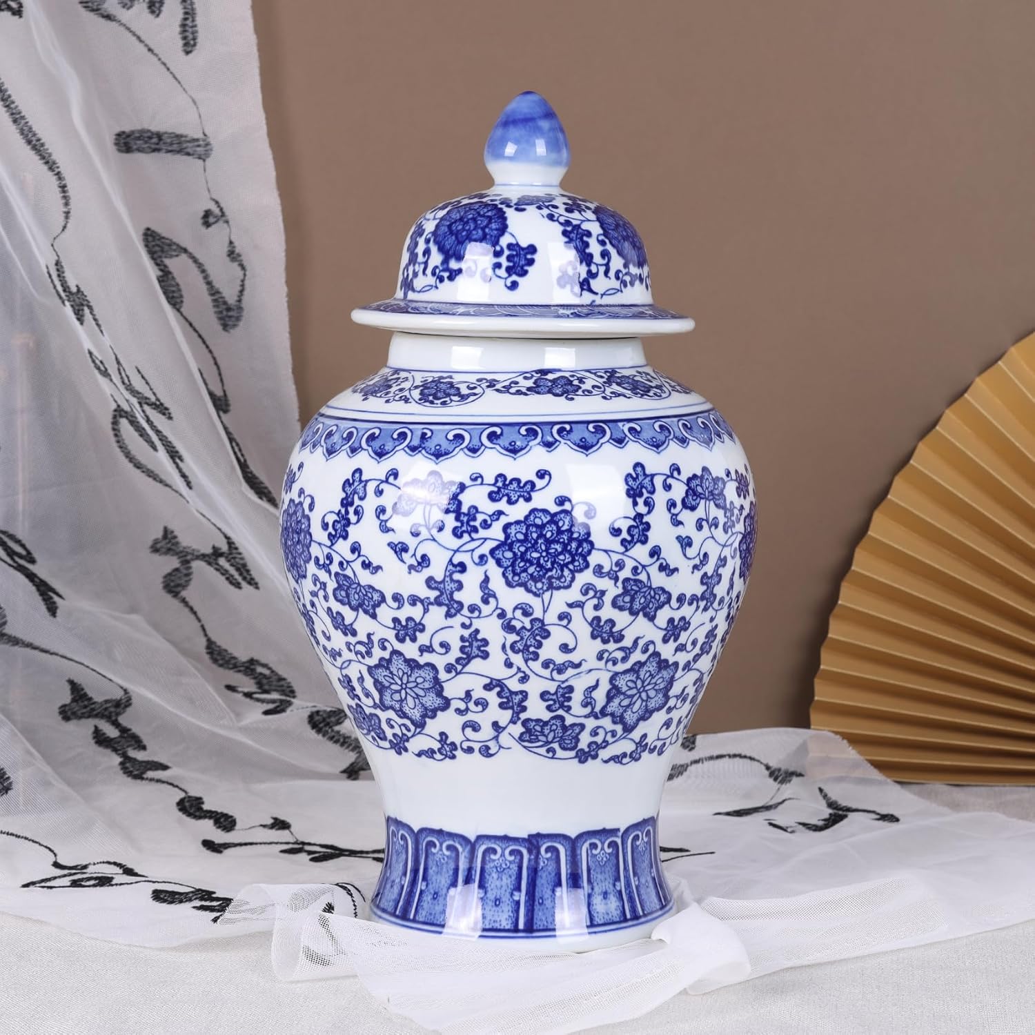 Big Chinoiserie Blue and White Porcelain Ginger Jar with Lid- Handcrafted Decorative General Ginger Jars for Home Decor, Ginger Jar Vase (Queen Branch)
