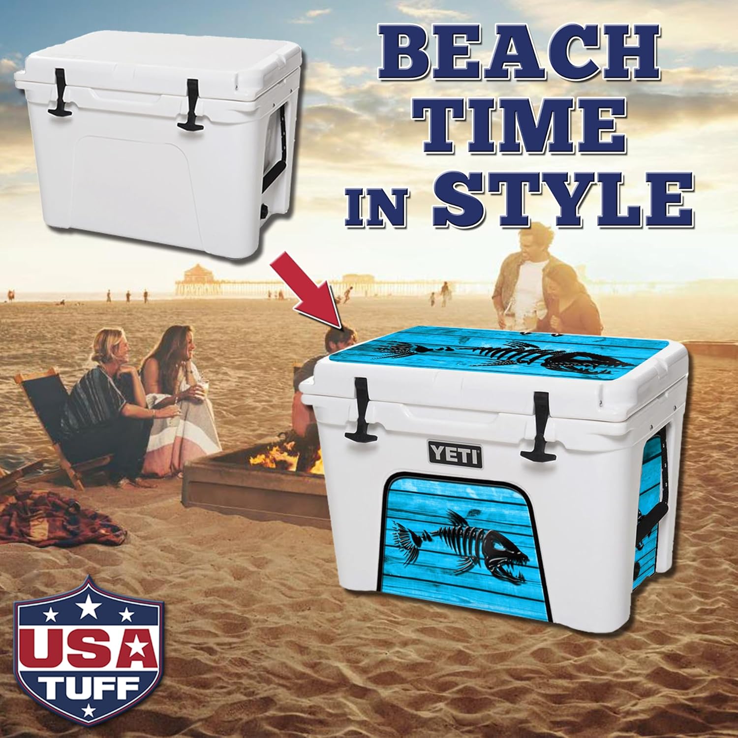 USATuff Vinyl Cooler Lid & Insert Kit Compatible with YETI 45 qt Tundra | Easy Peel & Stick Application Cooler Skin Decal Wrap | Durable Pre-Cut Pieces | Made for Outdoor Use - Bonefish Blue