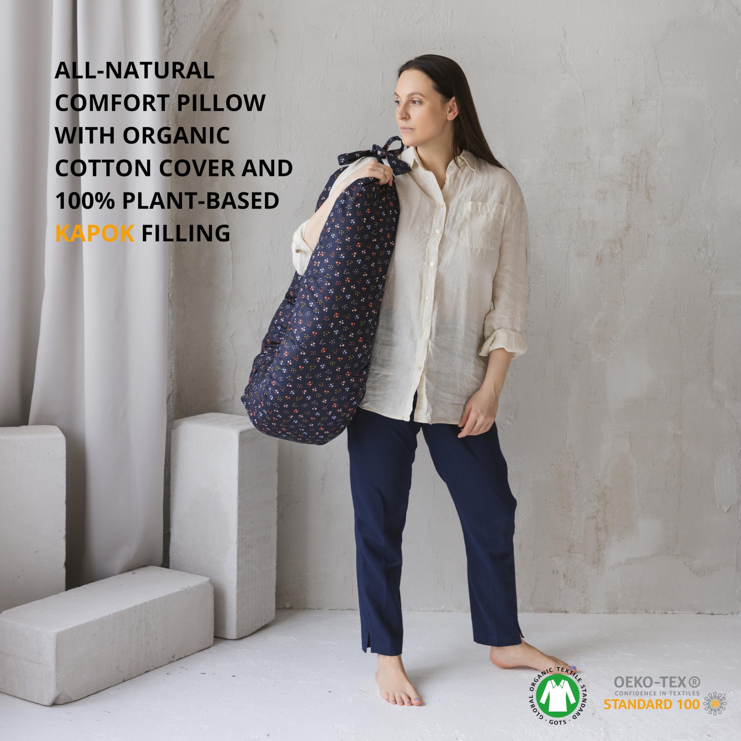 First Organic Cotton Pregnancy Pillow for Sleeping & Baby Feeding made with Natural Kapok Filling – Cooling Nursing & Comfort Pillow for Maternity Support & Side Sleepers – Removable Cover Included!