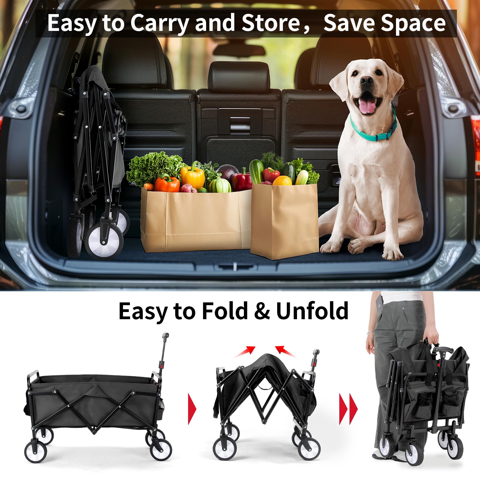 LIFERUN Carro Plegable, Carro de Jardín con Mango Ajustable, Bolsillos Laterales, Ruedas Todo Terreno, Capacidad de 60 kg, Carrito de Playa para Exteriores, Camping, Playa, Picnic, Compras