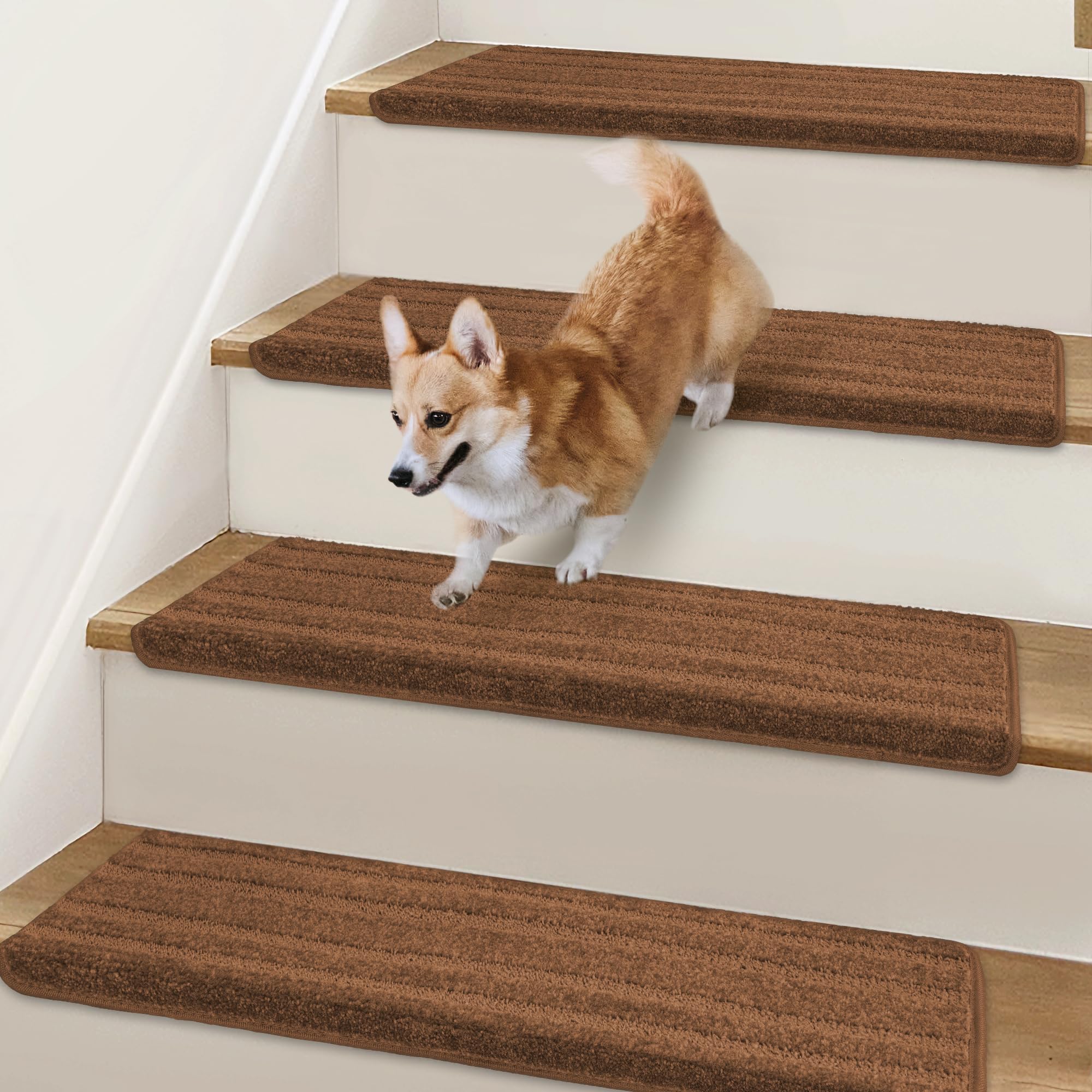 Bullnose Stair Treads Non Slip 9.5" x 32", 2 Pcs Carpet Stair Treads for Wooden Steps Indoor with Edge Protection, Reusable Peel and Stick TPU Backing Stair Runner Rugs - Line Pattern Brown
