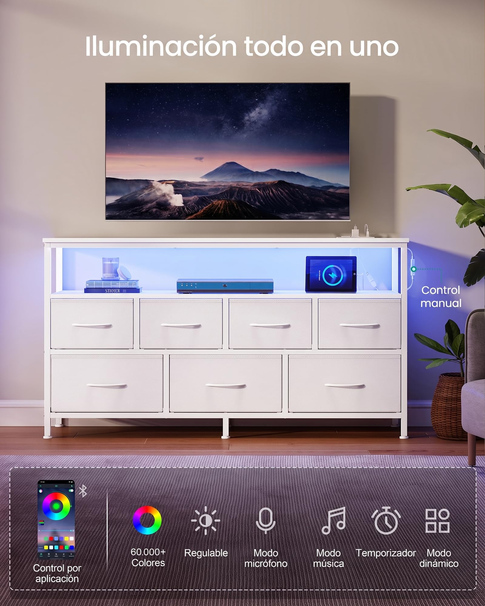 SONGMICS BELLAH Colección – Cómoda para Dormitorio, Mueble de Almacenaje, Iluminación LED Ajustable, Regleta de Enchufes, 1 Estante, 7 Cajones, Moderna, Blanco Nube LGS733WH01