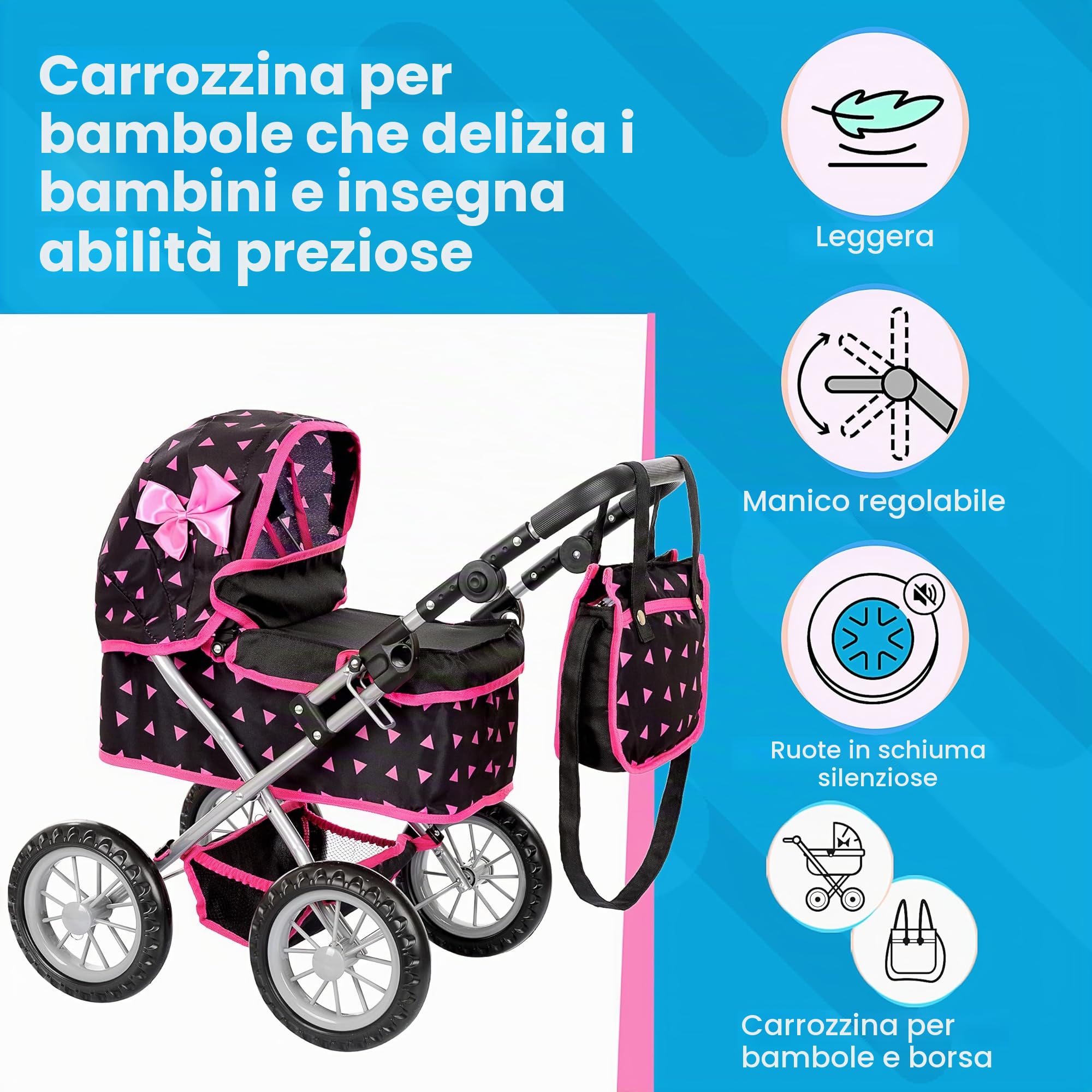 Kinderplay Carrozzina per Bambole con Gondola – Manico Regolabile 33–63 cm – Adatta a Bambole fino a 41 cm – Ruote in Schiuma Silenziose – Passeggino Giocattolo 3+