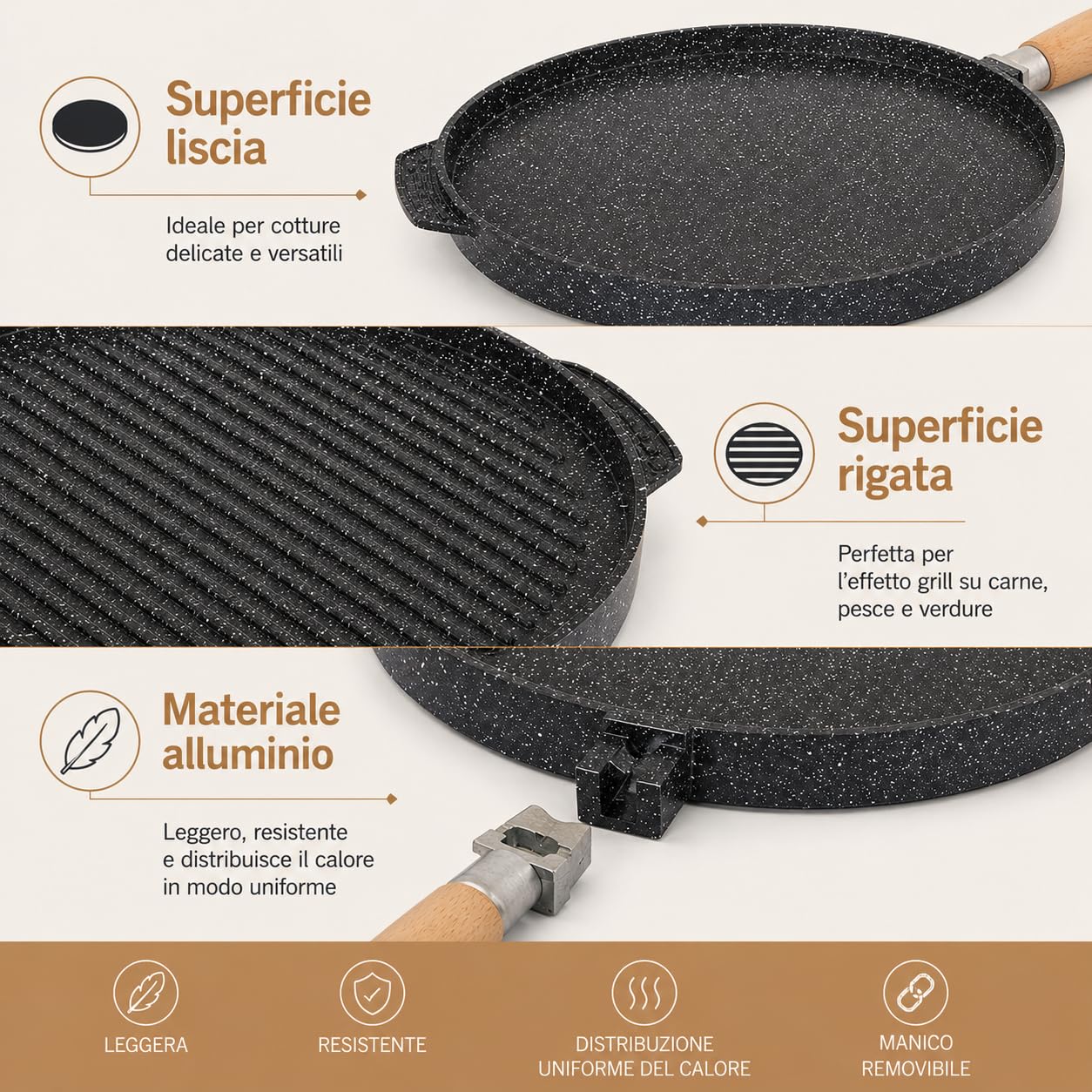 Generico Padella piastra in alluminio 32 cm bistecchiera grill con superficie rigata, doppia funzione liscia e griglia, manico removibile, ideale per carne verdure e cottura su fornello