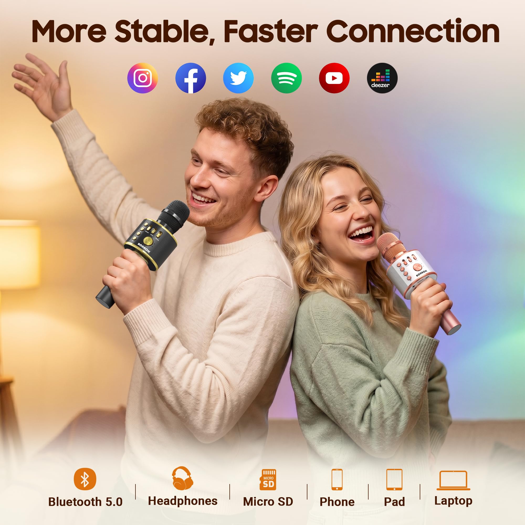 BONAOK Microphone sans Fil Karaoké, Microphone Bluetooth Lecteur Enregistreur Mini Karaoké Enfant Fête Familial pour Appareil Intelligent Android/iOS-Noir