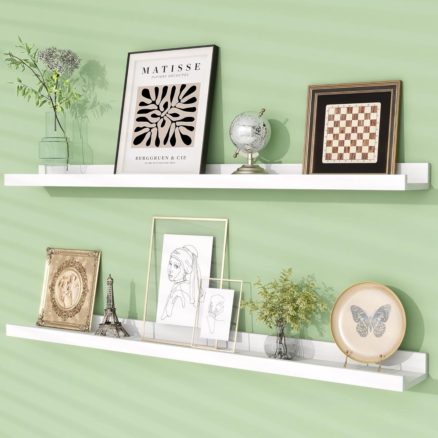 Picture Ledge Shelf, Pine Wood Floating Shelves Set of 2, 36 inch Nursery Book Shelves, Photo Ledge Book Shelves Wall Mounted for Living Room Kids' Room Bedroom - White