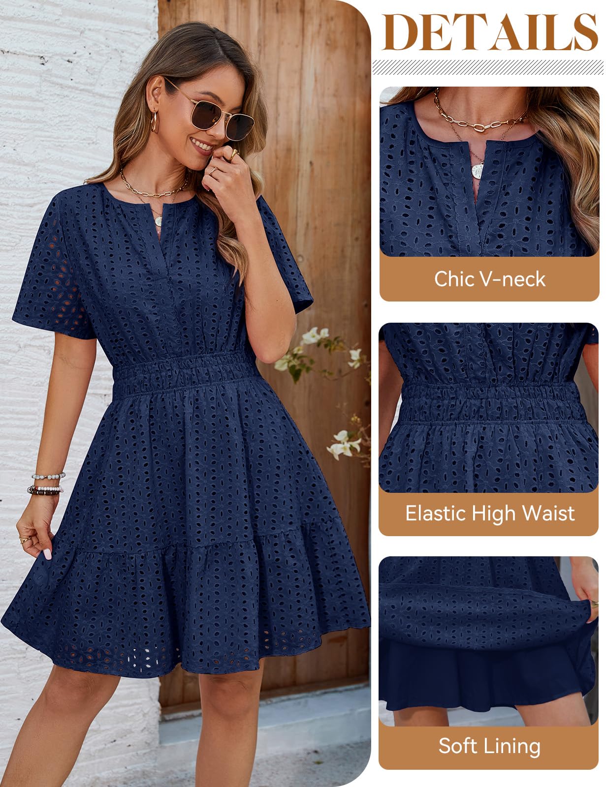 Svanco Vestito Donna in Cotone, Abito Estivo Donna Elegante con Scollo a V e Motivo Traforato, Abito Cerimonia Donna per Matrimonio in Spiaggia, Casual, Feste e Vita Quotidiana