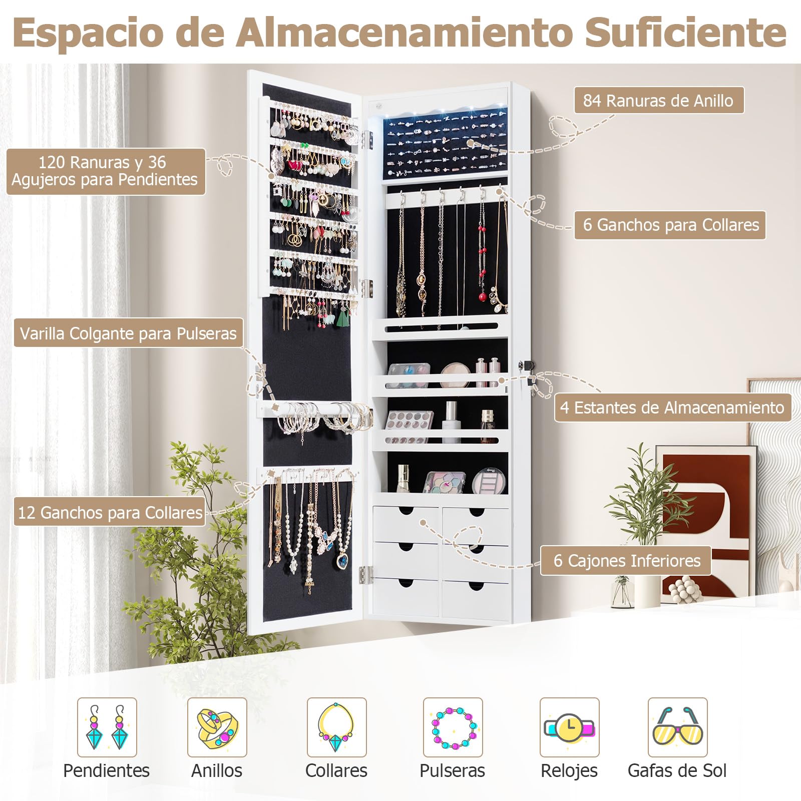 GIANTEX Armario de Joyas con Espejo de Cuerpo Entero, Armario Joyero con Cerradura y 5 LED, Montado en la Pared o en la Puerta, 36,5x11,5x120cm, para Pendientes, Anillos, Collares y Pulseras, Blanco
