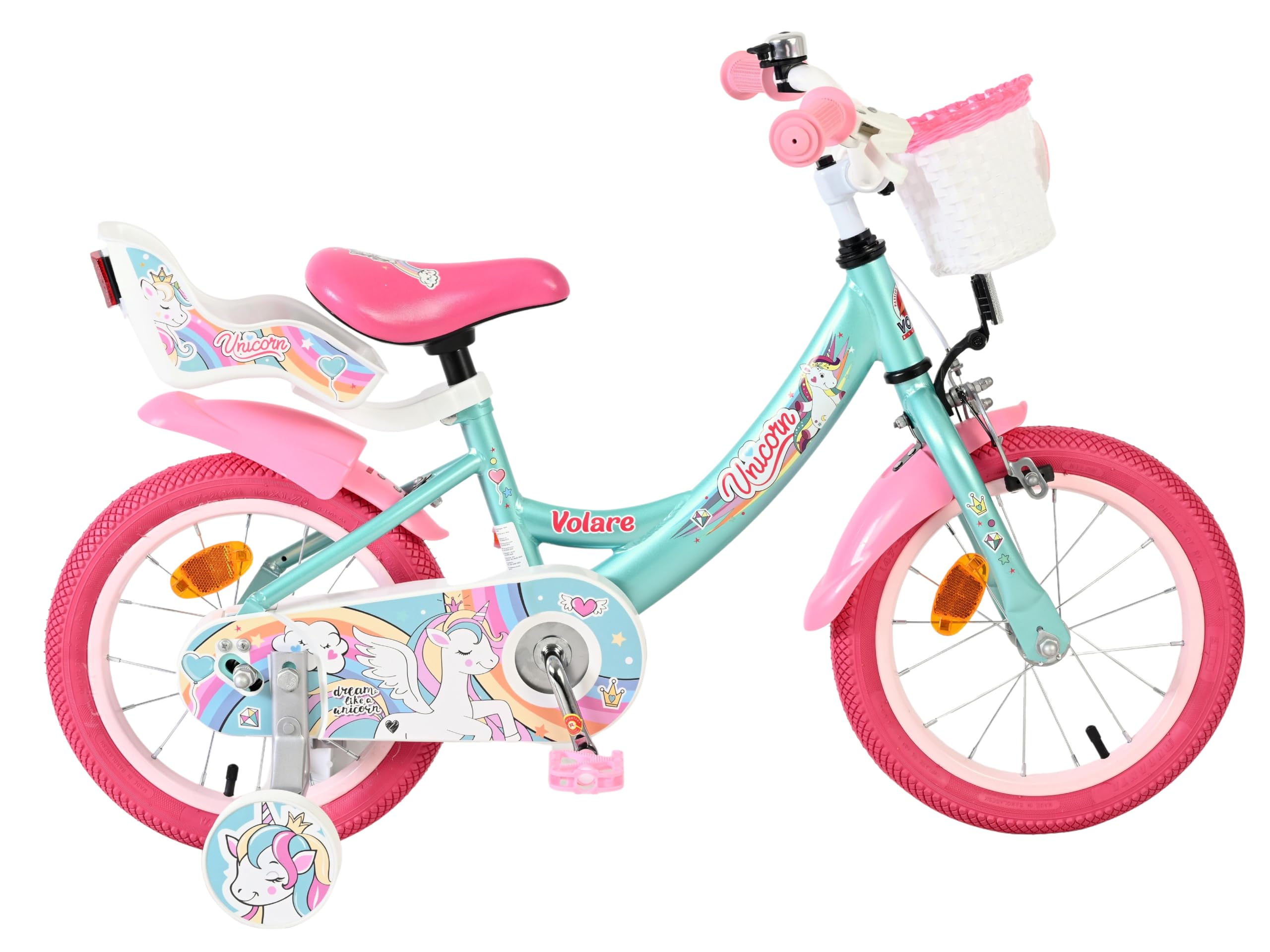 Volare Einhorn Kinderfahrrad Green | 3,5–5 Jahre | 14-Zoll-Räder | Hand- & Rücktrittbremse | Stützräder | Verstellbarer Sattel | Puppensitz Achter & Korb voor | Geschenk voor meisjes