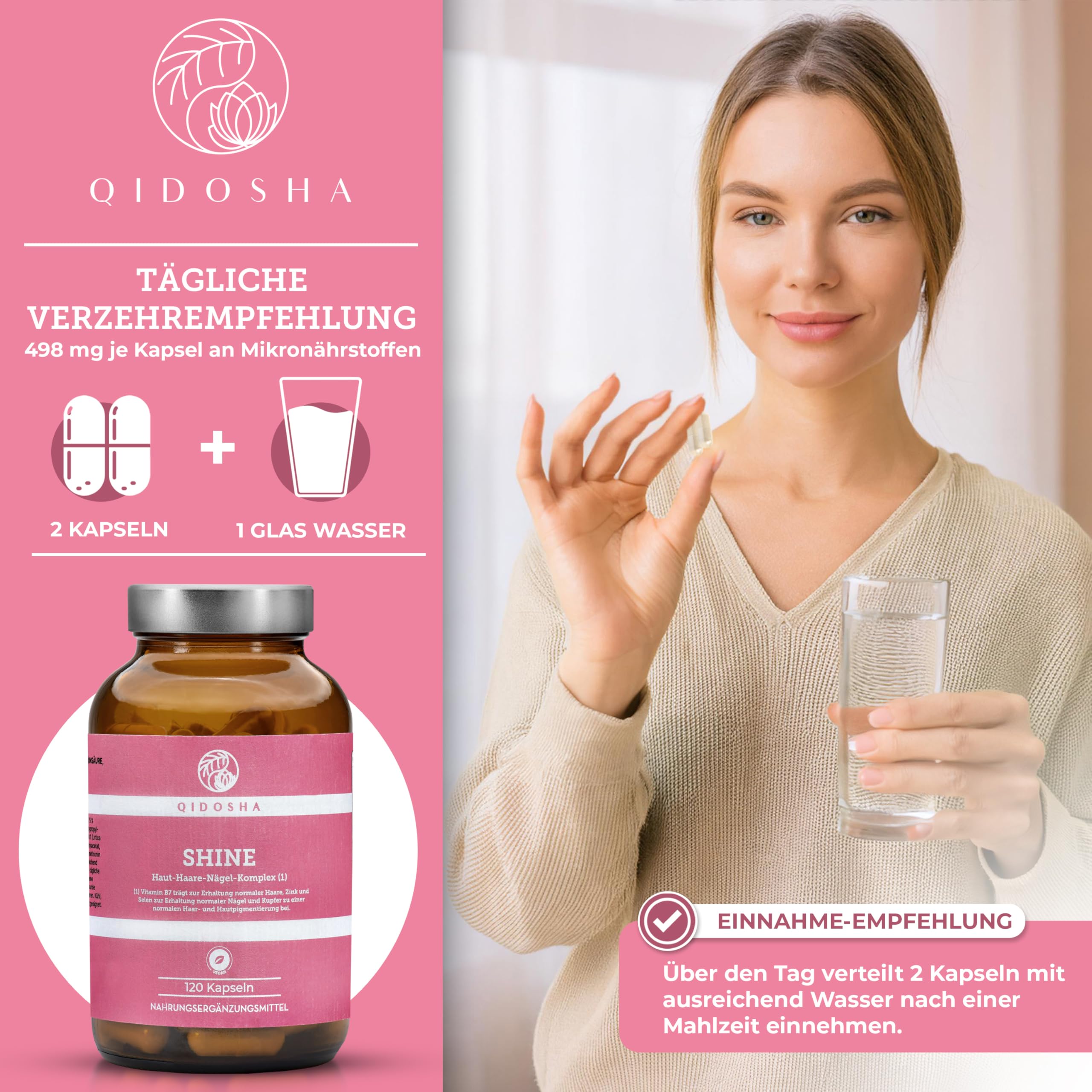QIDOSHA® SHINE Haut, Haare & Nägel Komplex, 120 Kapseln im Apothekerglas, Silizium-Komplex mit Silicium, Hyaluronsäure, Zink, Selen, Kupfer & Vitaminen, deutsche Fertigung, Haut Haare Nägel Kapseln