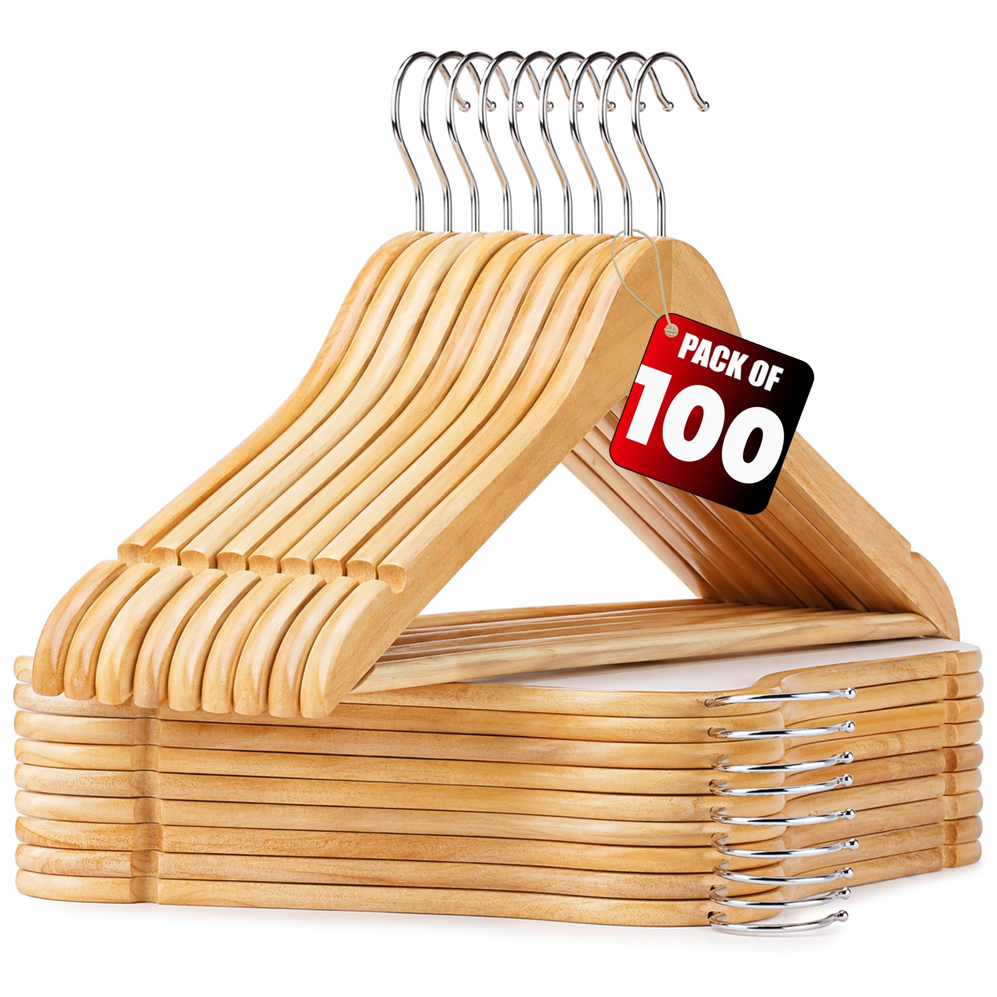 Meown Wooden Coat Hangers – 100 Pack, Natural Wood Clothes Hangers with 360° Swivel Hook, Non-Slip Bar, Shoulder Notches – Durable, Slim Hanger Set for Shirts, Coats & Suits