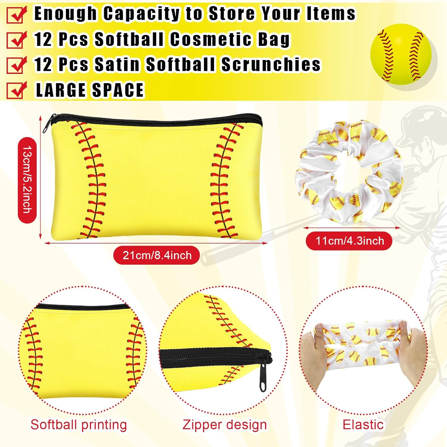 48 Pcs Softball Team Gifts Include 12 Makeup Bags, 12 Hair Scrunchies, 12 Lip Balms, 12 Lip Balm Holders for Softball Players, Girl Sports Team Accessories