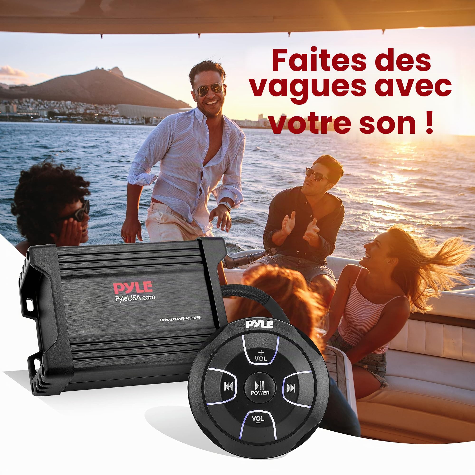 Pyle Kit d'amplificateur marin Bluetooth compact – Ampli audio à 2 canaux étanche | Streaming de musique sans fil | Entrée AUX/RCA/MP3 | Câblage de haut-parleur | 600 W max (PLMRMBT5B)