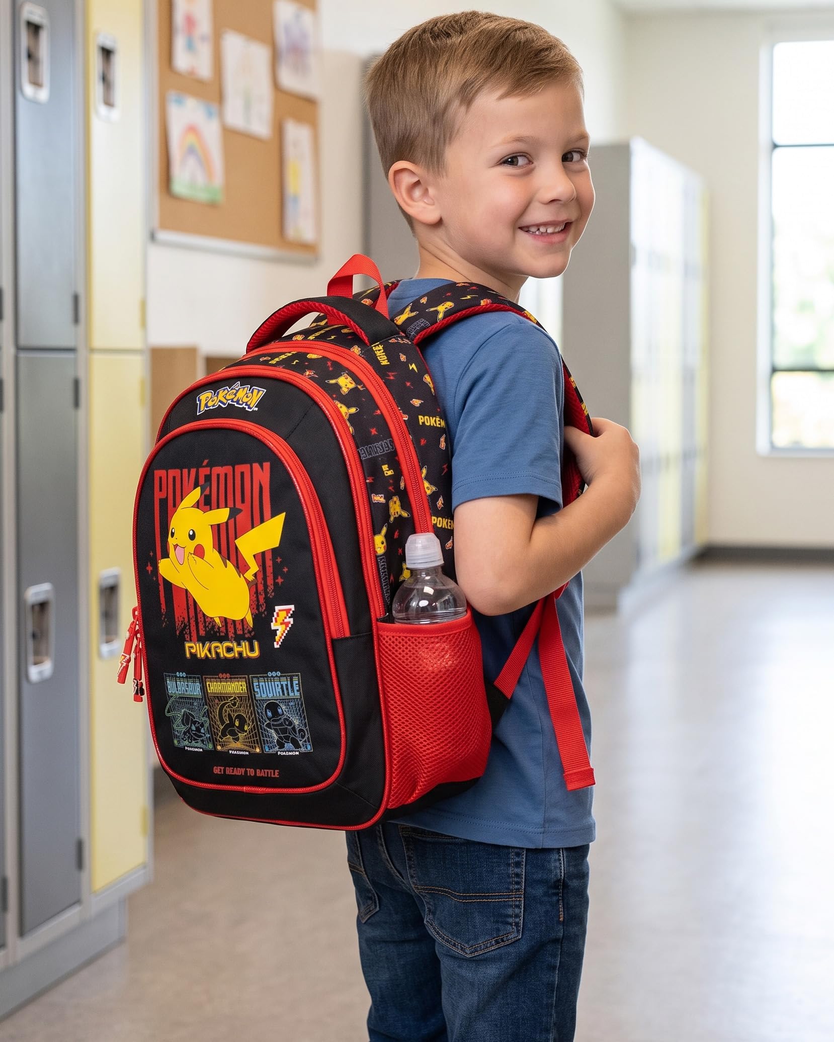 Clondo Plecak szkolny dla dzieci o wymiarach 43 x 33 x 20 cm – ergonomiczny plecak do szkoły podstawowej, wyściełane plecy, kieszenie na butelki, duża pojemność i wspaniały design, Pokemon Retro