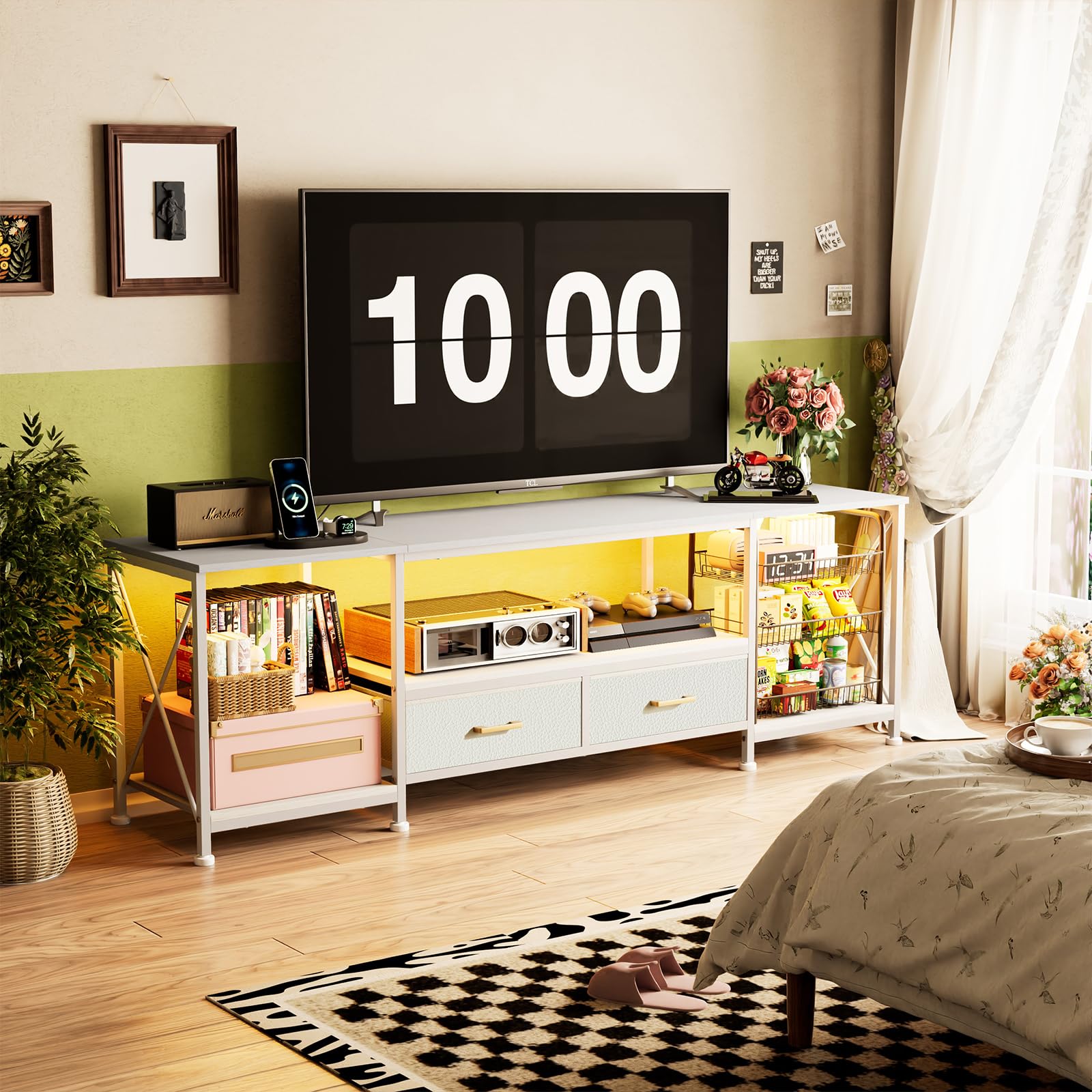 Mobile TV con Luci LED, 2 Porta USB e 2 Presa, Mobile per TV Soggiorno Moderno Mobili, con 3 ripiani e 2 cassetti,180x40x58 cm (Bianco-A)