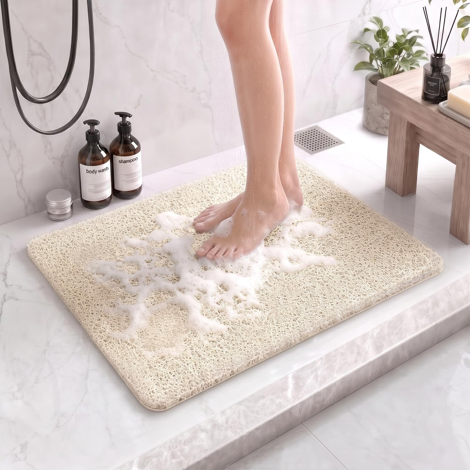 BLESWIN Loofah Shower Mats Non Slip PVC for Inside Shower 40x60CM Beige