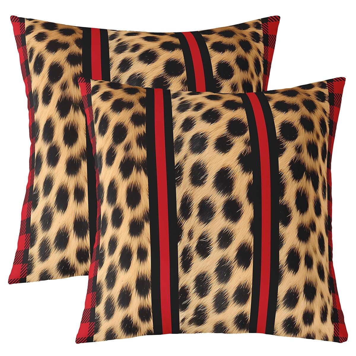 Feelyou Leopard Reversible Throw Pillow Covers Cheetah Print Square Cushion Covers Set of 2 for Kids Wild Animal Red Geometric Stripe Pillow Covers