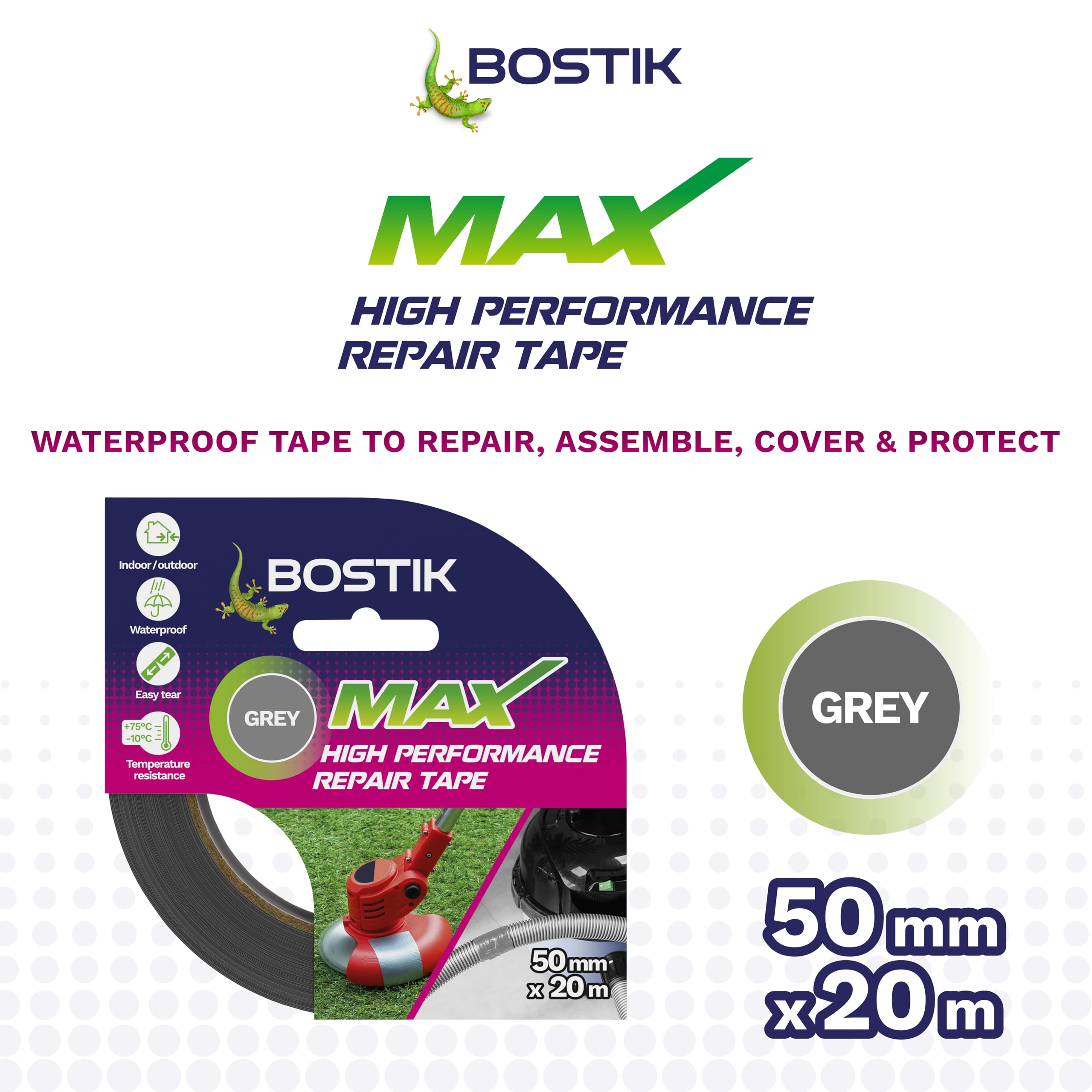 Bostik Max Repair Tape Grey, 50mm x 20m Roll, Ultra Strong Waterproof Duct Tape, Maximum Bond Strength, Heat - Image 2