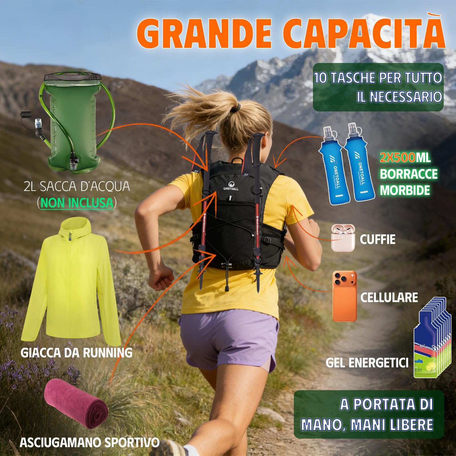 Gilet Running Uomo Donna, Zaino Trail Running con 2 Borraccia Morbida 500ml y Luce LED Ricaricabile, Gilet Corsa Leggero, Running Vest Zaino Corsa Zaino Idratazione per Trekking Ciclismo Sci
