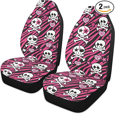 Burbuja Y2k Skulls on Zebra Front Car Seat Cover, Breathable Car Seat Protectors Universal Fits SUV, Cars, Truck, Non-Slip, 2 Pack