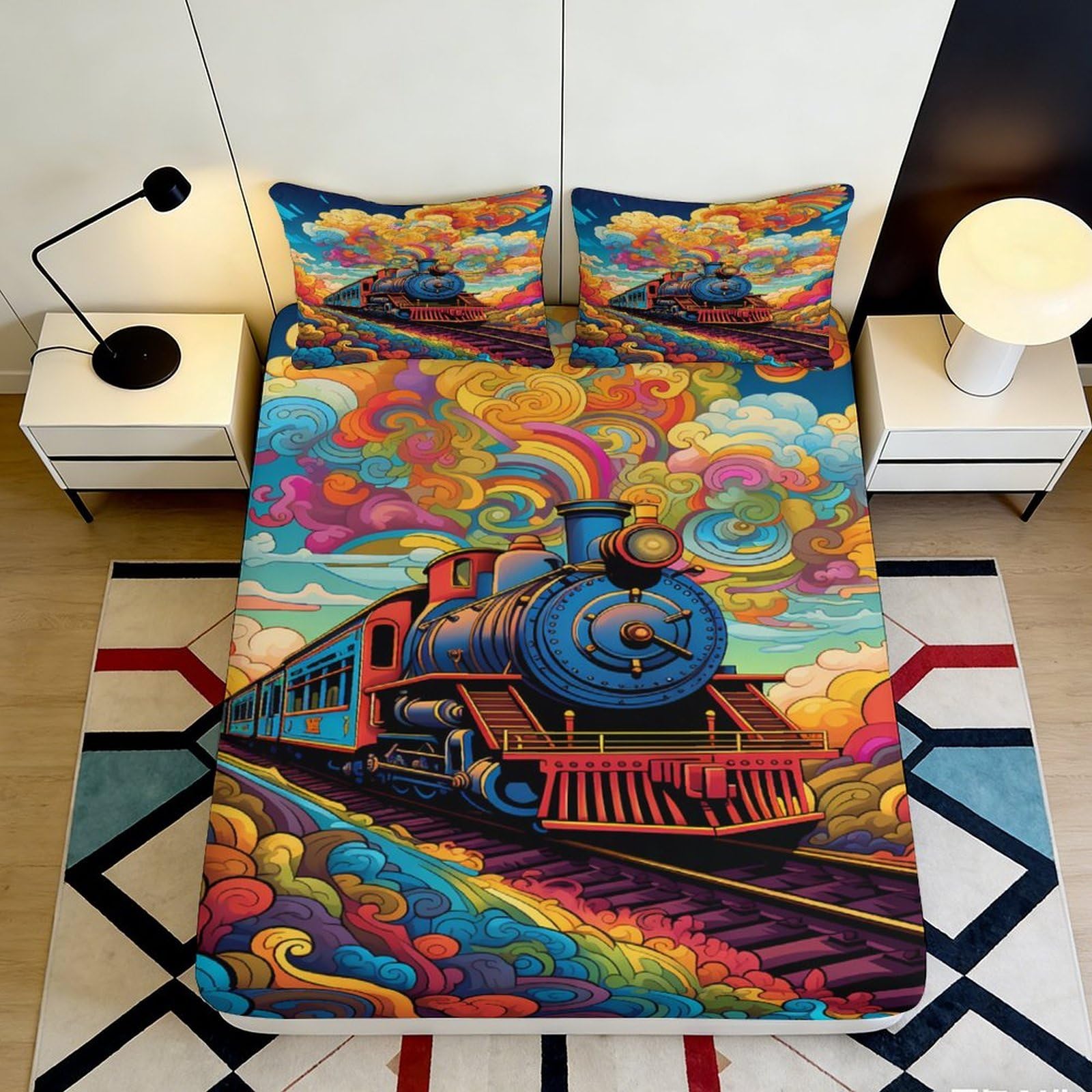 Qjzxknhpgr Style-3 3D Printed Psychedelic Train Fitted Sheet Microfiber Vibrant Colourful Bed Cover For Bedroom Dorm Mattress Decor 90X200x25cm