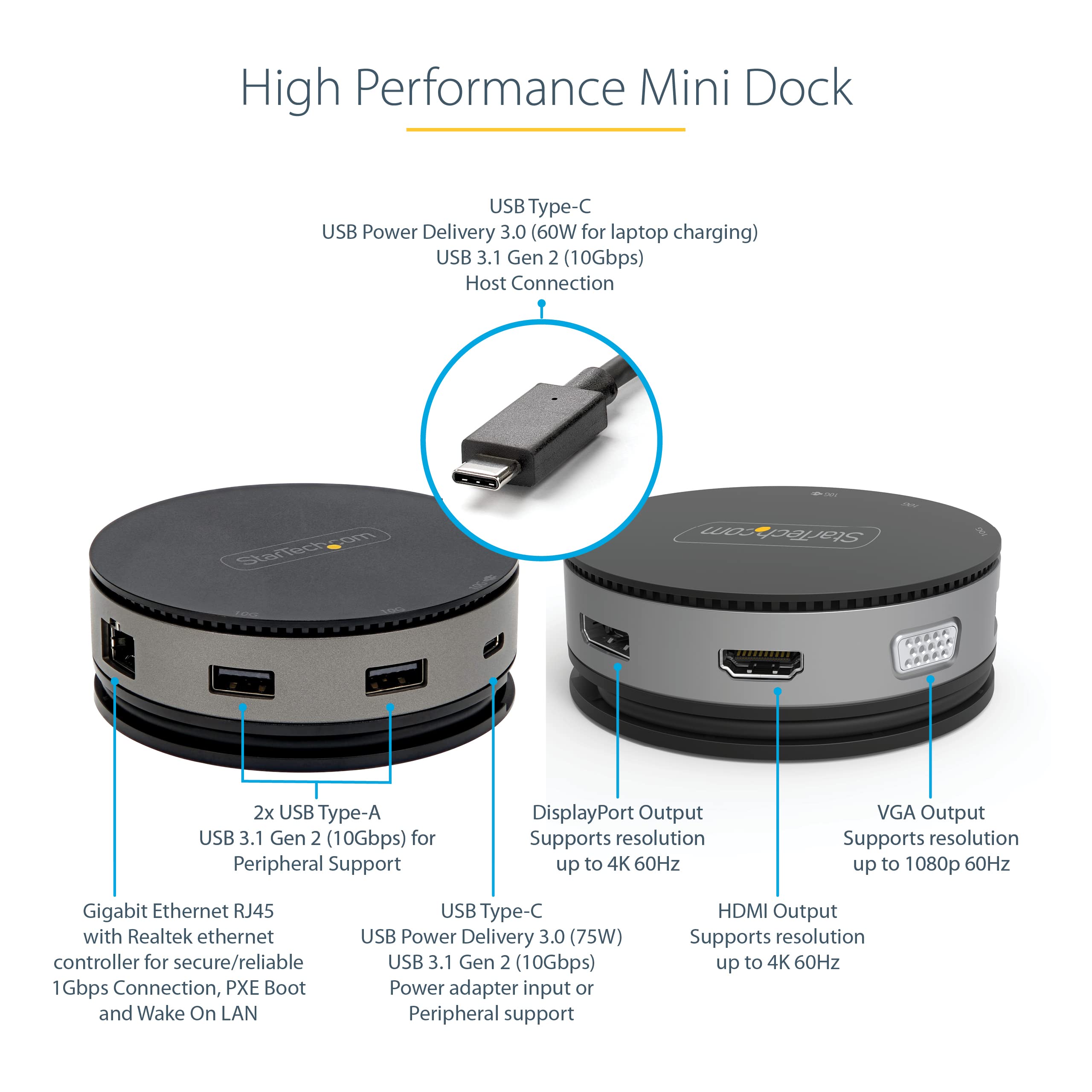 StarTech Mini Dock USB-C, HDMI/DP 4K 60Hz o VGA 1080p, 75W PD, Hub 3 Porte | Compatibile Windows e macOS, Ricarica del Portatile, Formato da Viaggio