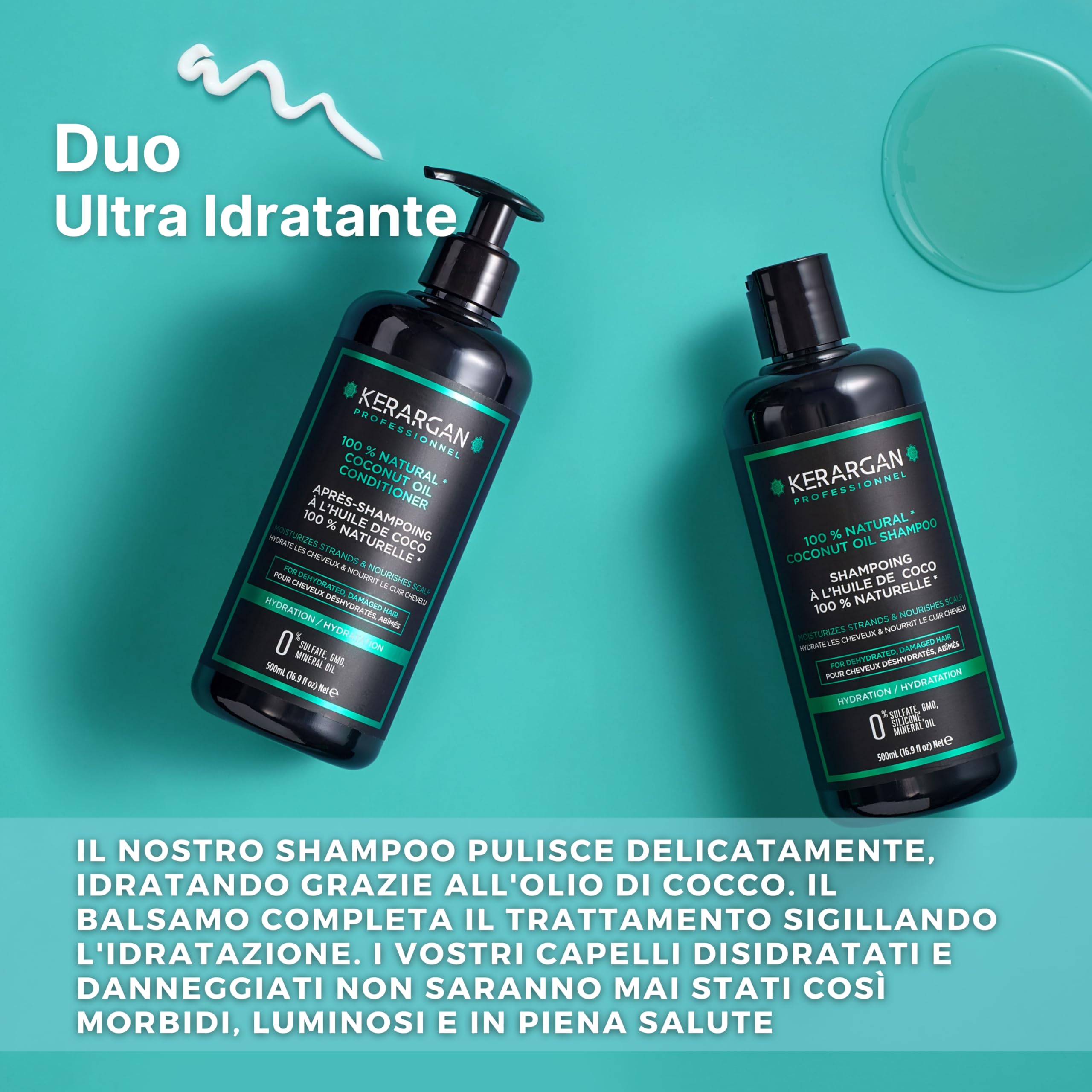 Kerargan - Duo Idratante Shampoo & Balsamo all'Olio di Cocco per Capelli Disidratati e Danneggiati - Nutre il Cuoio Capelluto - Senza Solfati, OGM, Silicone, Olio Minerale - 2x500 ml