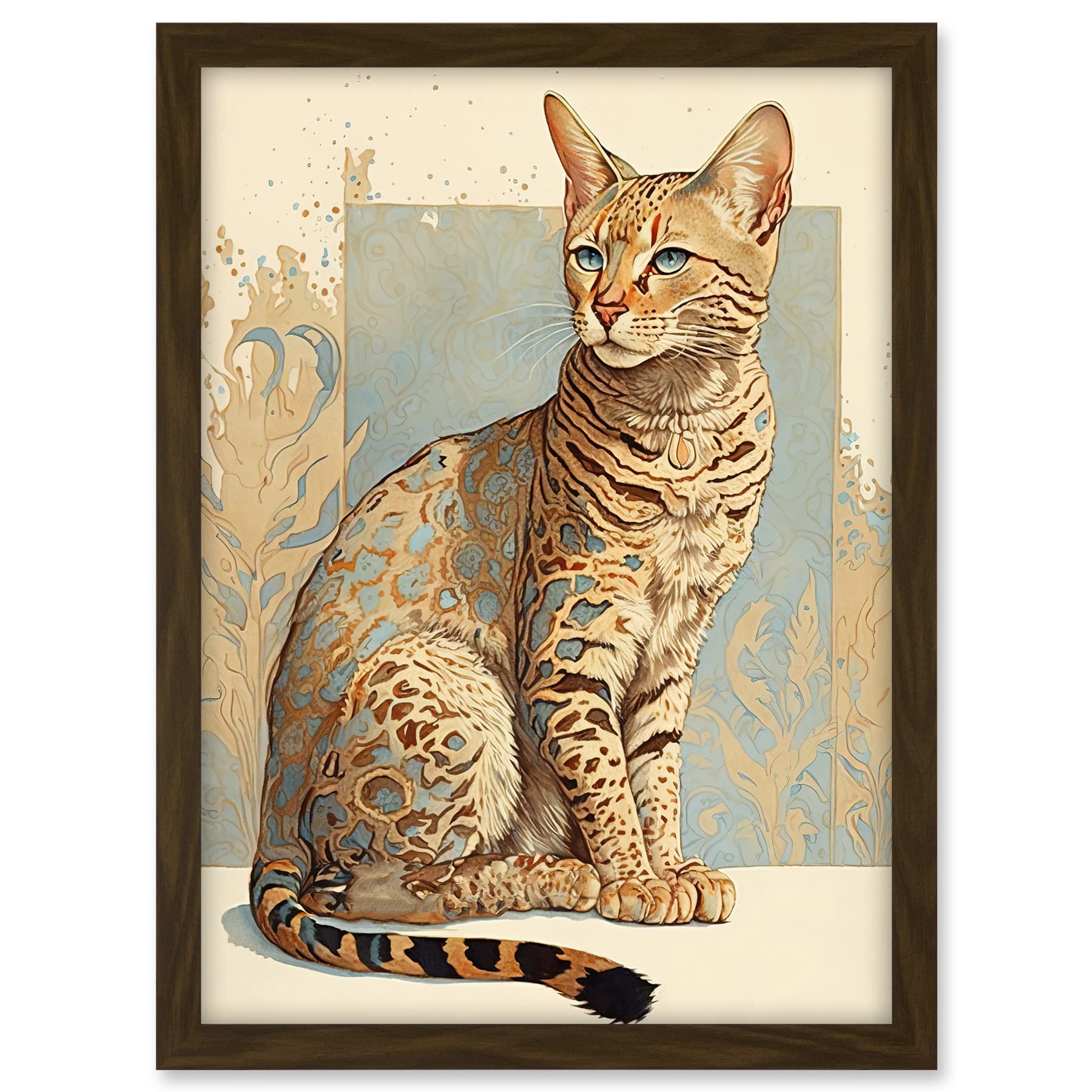 Artery8 Ocicat Cat with Turquoise Rosette Pattern Fur Modern Watercolour Illustration Artwork Framed A3 Wall Art Print