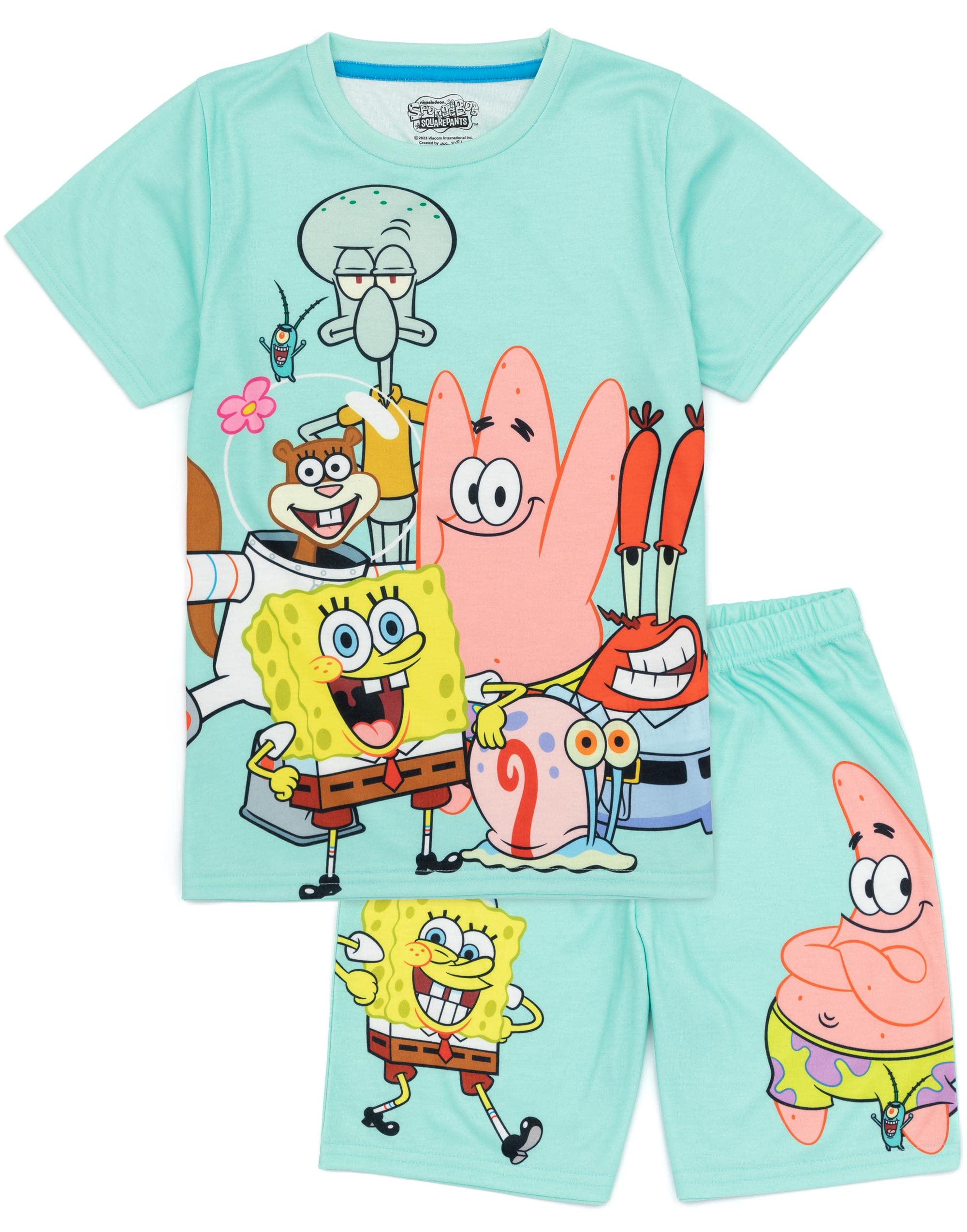 SPONGEBOB SQUAREPANTSKids Pyjama Set | Blue Short Sleeve T-Shirt & Shorts PJs For Boys & Girls | Squidward, Patrick, Mr Krabs, Gary, Loungewear | SpongeBob TV Show Movie Nightwear Merchandise Gift