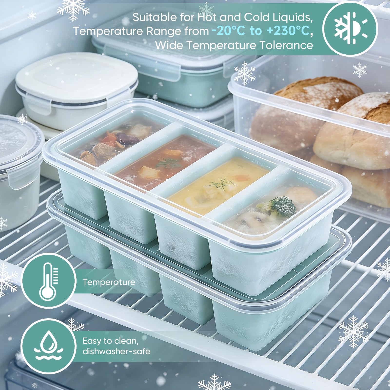 Vassoio per congelatore in silicone, vassoio per congelatore in silicone per cubetti di zuppa, stampo per cubetti di ghiaccio grandi, contenitore per congelatore extra large da 250 ml con coperchio