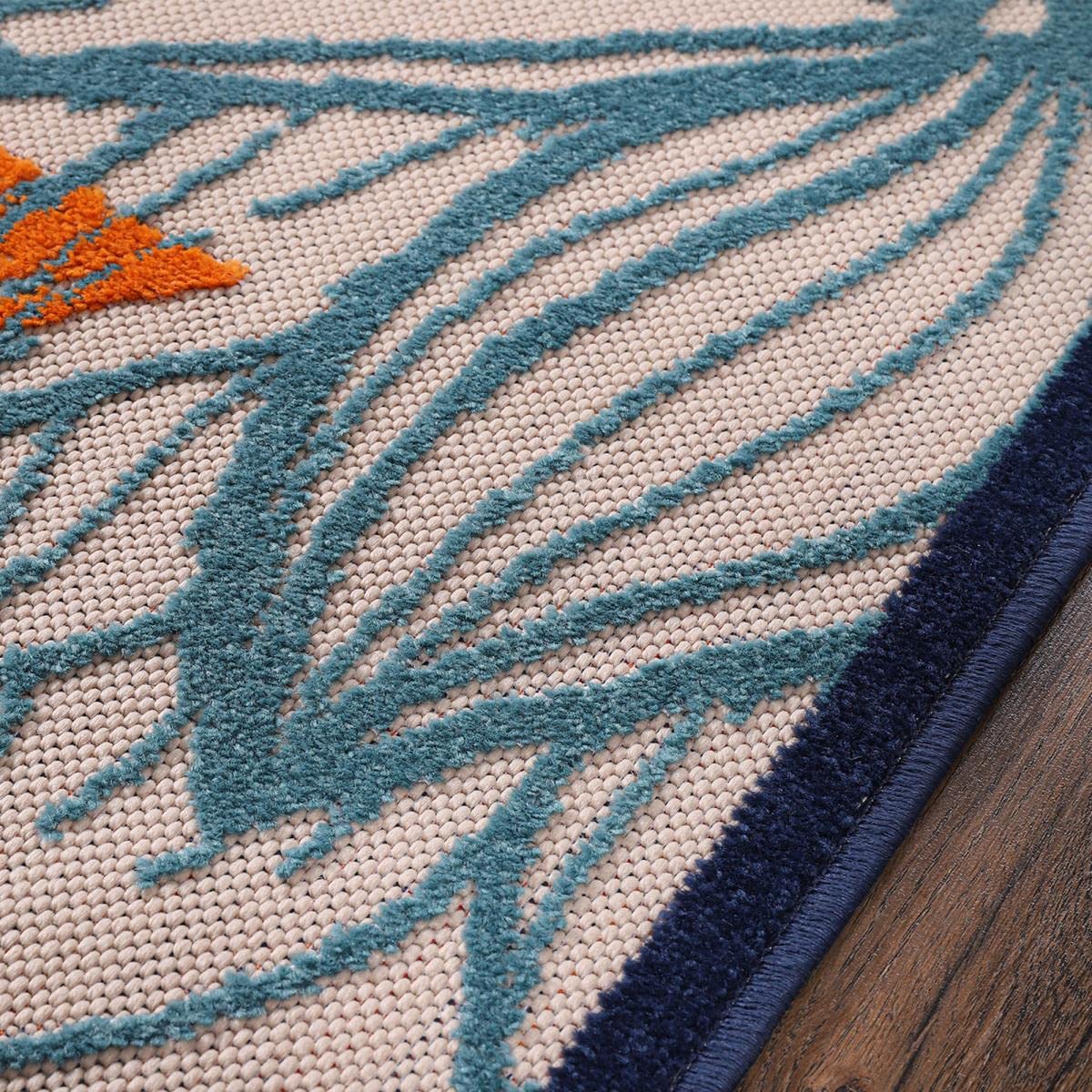 Tapis Exterieur, 200 X 290 Cm, Polypropylène, Motif Nature Floral, Bleu Beige Orange Rouge, Relief Décoratif Tissé, Terrasse Jardin, 7519