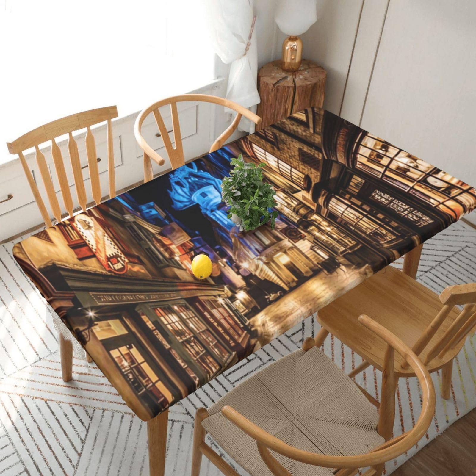 DCEHGEW Elastic Fitted Rectangle Tablecloth for 5ft Tables, Street Night Scenery Printed Oilproof & Washable Fabric Picnic Table Cloth Table Covers