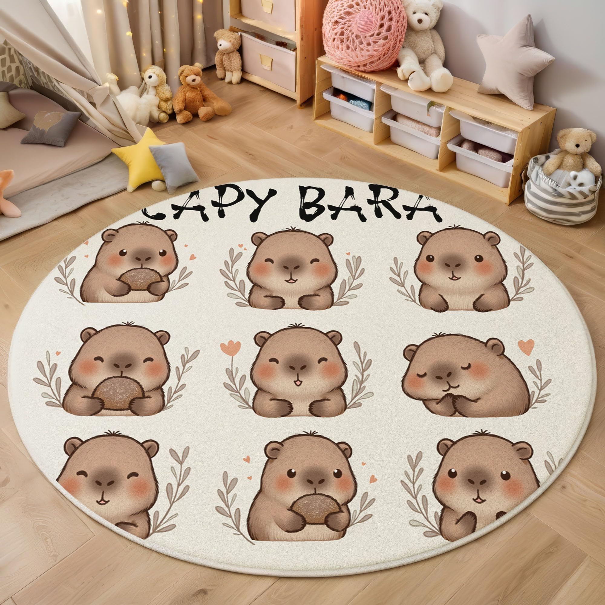 Tapis de chambre enfant capybara moderne beige doux et tapis de salon rond