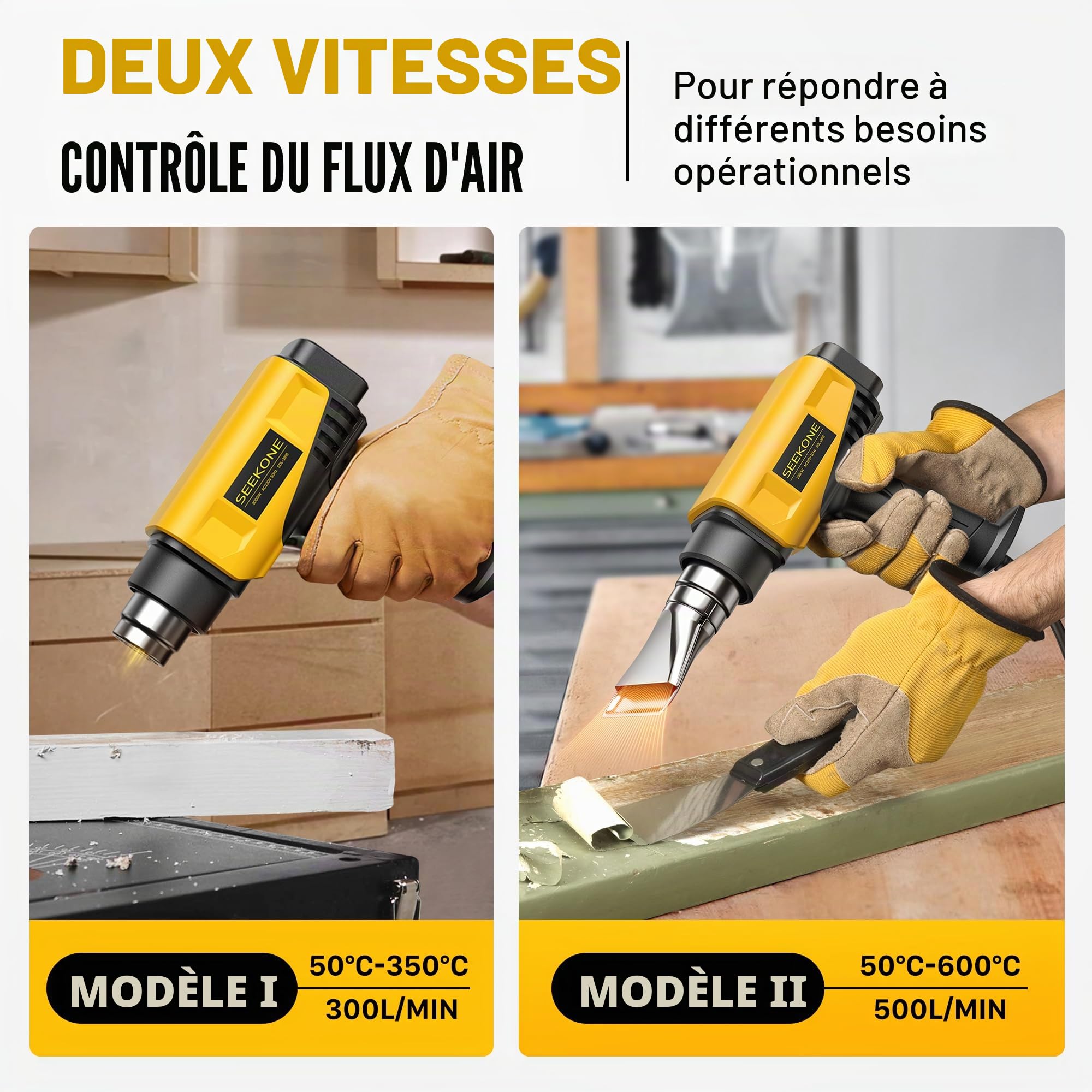 SEEKONE Decapeur Thermique 2000W Design Compact Pistolet à Air Chaud Robuste Contrôle de Température Variable 50-600℃ 1,5S Chauffage Rapide avec 4 Buses pour Travaux Manuels, Film Vinyle