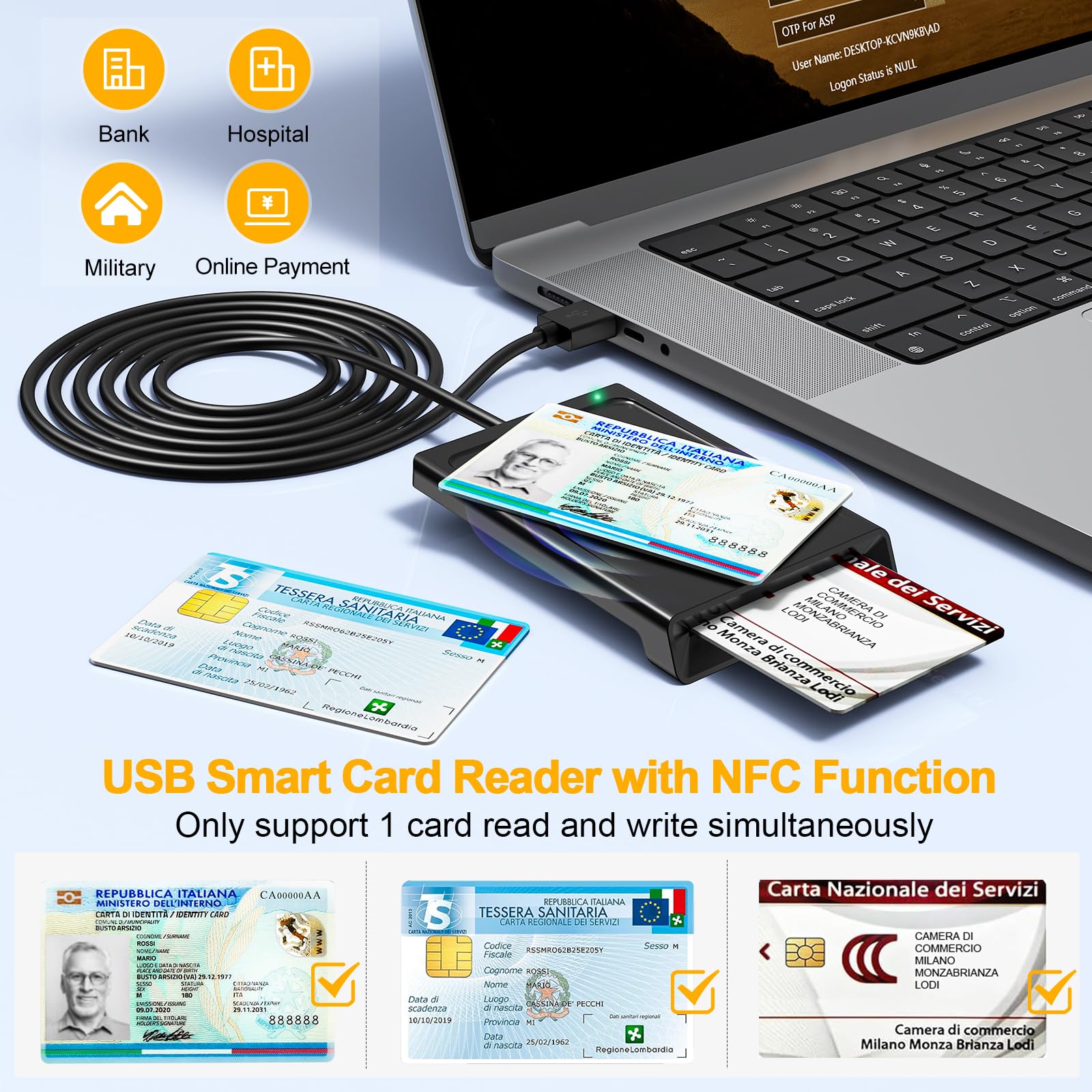 Lettore CIE 3.0 Carta d'identità Elettronica e Tessera Sanitaria Italiana,USB Lettore Smart Card Firma Digitale Lettore Smart contatto e contactless CIE/CRS/CNS,Lettore NFC per PC Windows 10 11 Linux - 2