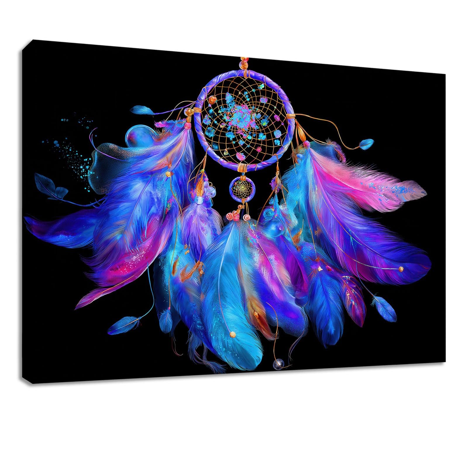 Leinwandbild Bild Boho-Stil XL Wandbilder Deko 90 x 60 cm, Kunstdruck auf Leinwand mit Holzrahmen, Schwarz Traumfänger Feder Wanddeko für Wohnzimmer Schlafzimmer Büro Wanddekoration