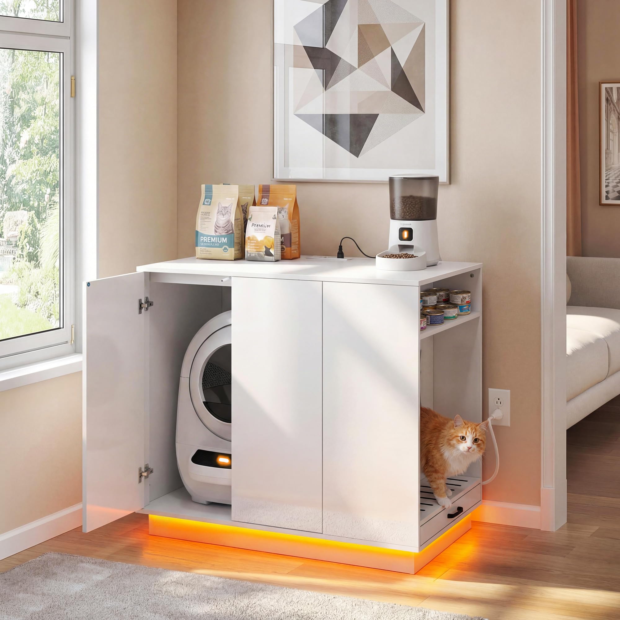 Large Hidden Litter Box Furniture with Led Light & Power Outlets, Modern Cat Litter-Box Enclosure for Self-Cleaning Litter Boxes, Indoor Wooden Storage Cat Cabinet, High-Gloss White - image 3