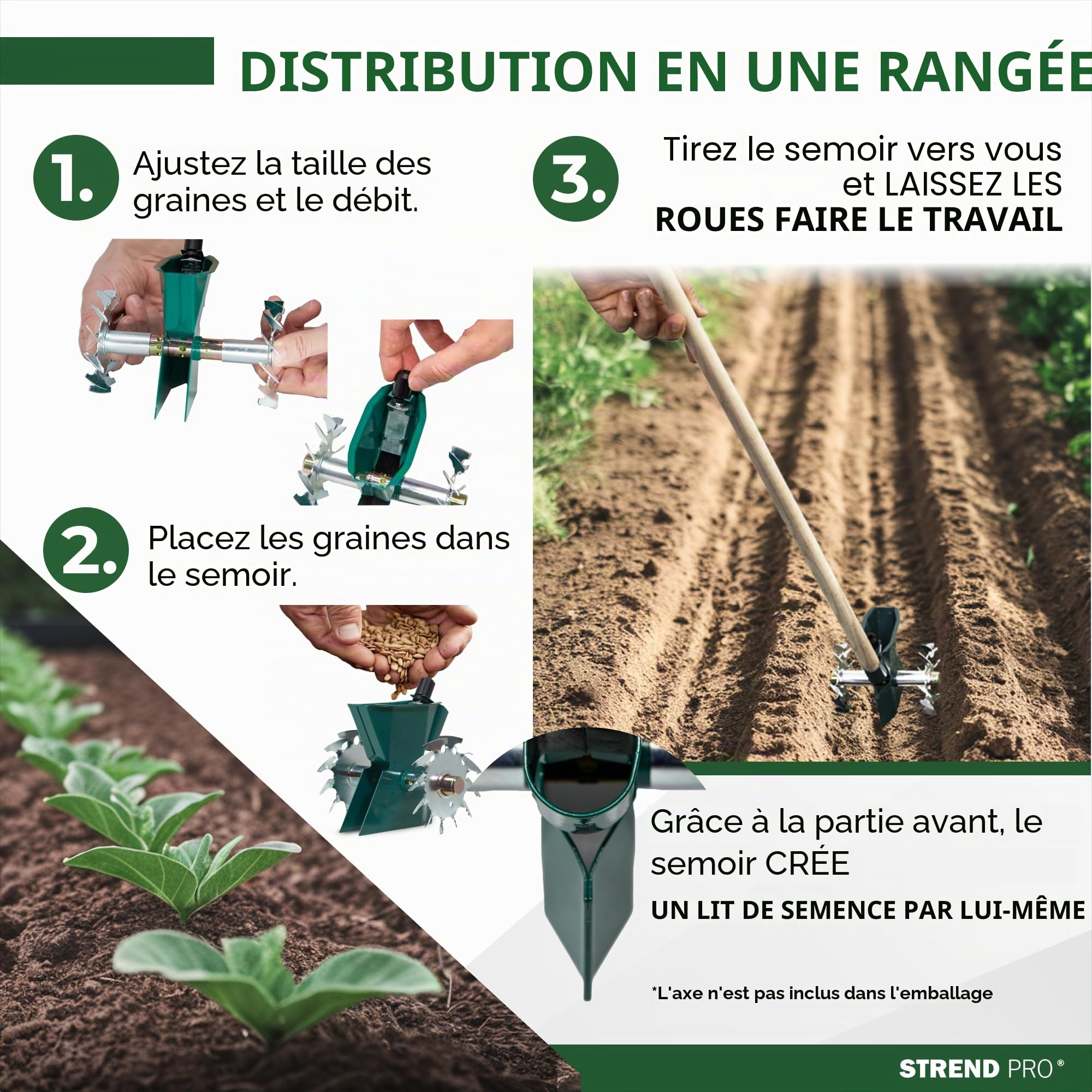 STREND PRO Semoir manuel - Métal - Simple rangée - Taille de graines réglable (1,5 ; 3,5 ; 5 mm) - Épandeur de graines pour petites surfaces, parterres, jardin, serres - Épandeur de graines manuel