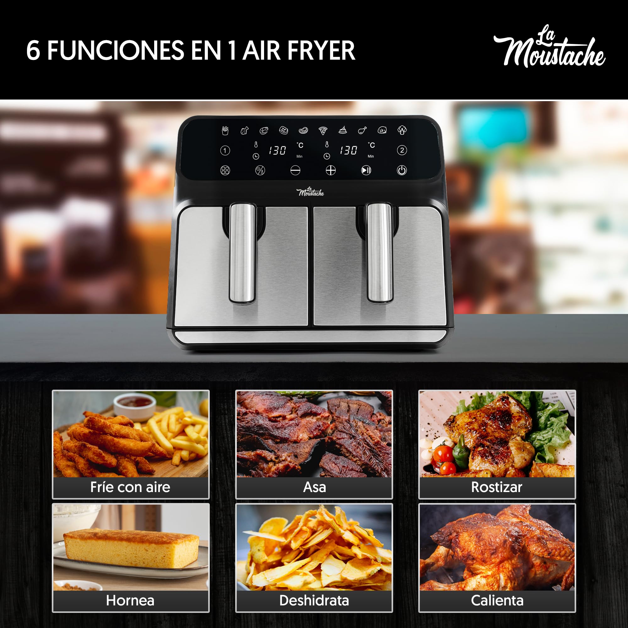 La Moustache - Freidora de Aire sin Aceite 8L con Doble Cesta, 2 Cestas Independientes de 4L, Air Fryer 6 en 1, 1700W, 10 Modos, 60-200 °C, Apta para Lavavajillas (DuoFry Gray)