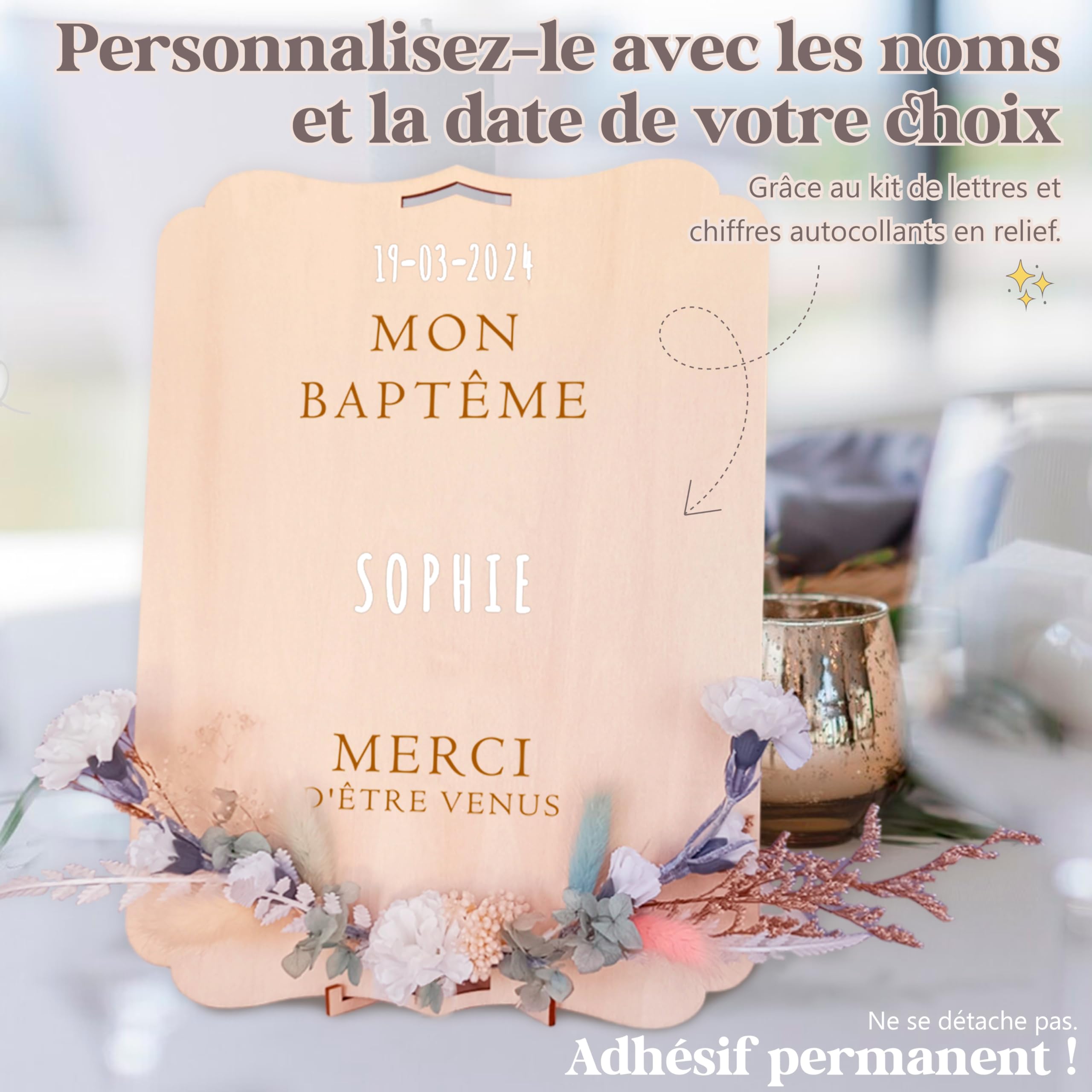 nagu® Baptême Décoration | Panneau Personnalisé en Bois 30x22 cm | Poster Baptême Fille ou Garçon avec Lettres Autocollantes | Pancarte avec Support & Trou pour Accrocher