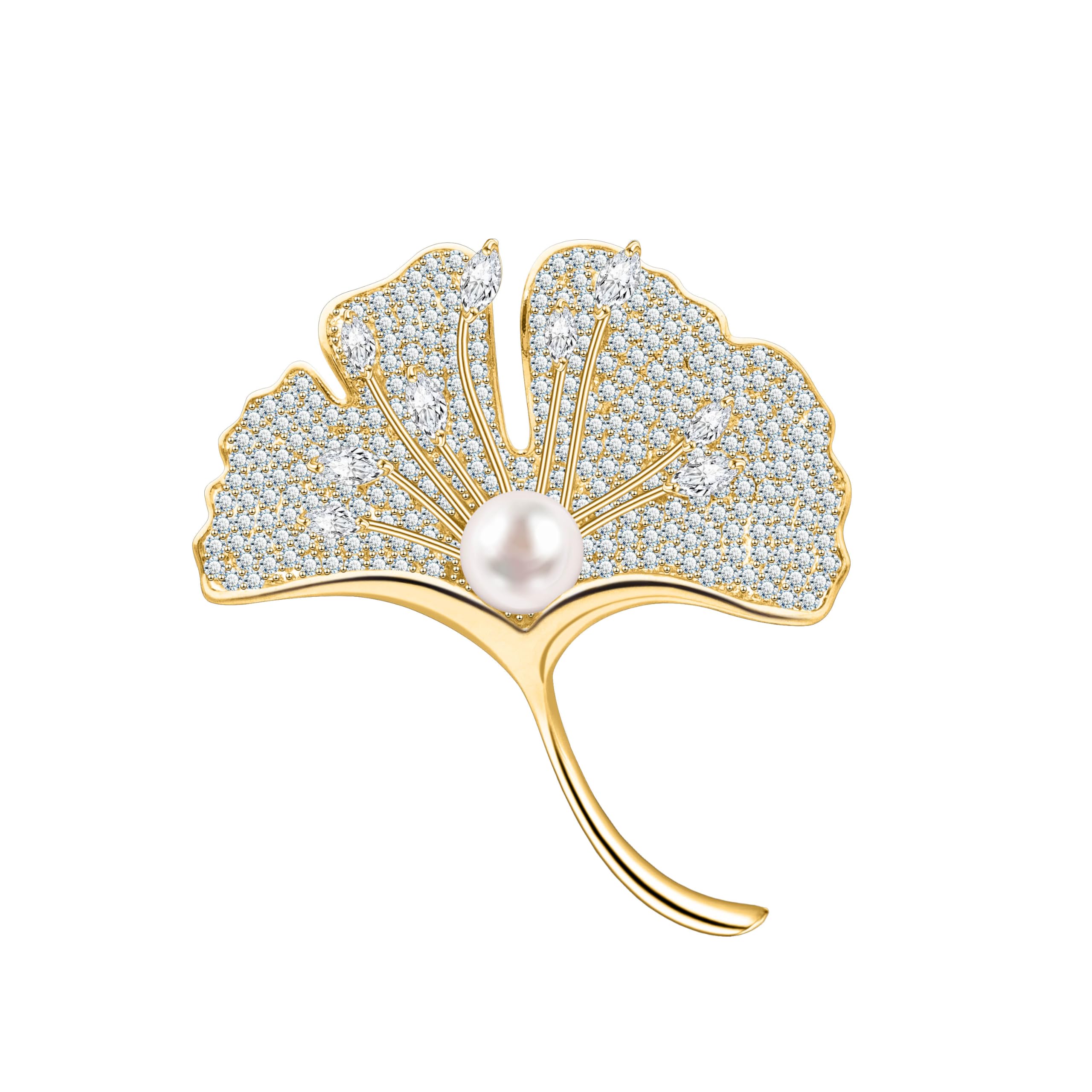 Unimooie Ginkgoblatt Brosche Damen Vergoldete 3D Zirkonia Brosche mit Perle Elegante Ginkgo Blatt Anstecknadel für Blazer Schal Geschenk für Frauen