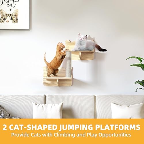 Miniatura 5 de DWVO Estantes y perchas de pared para gatos, muebles de madera para gatos montados en la pared, juego de 5 estantes de escalada para gatos con 1