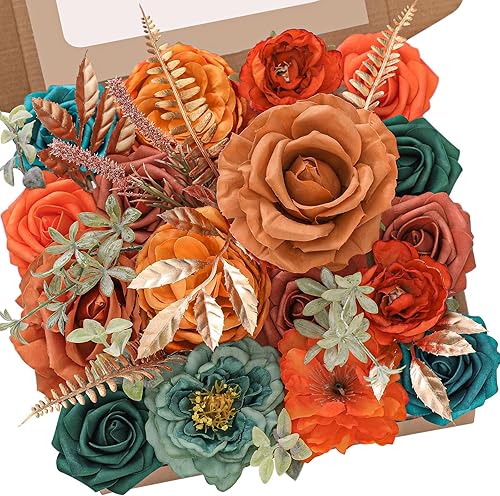 Serwalin Combo de flores artificiales naranja-azul para bricolaje, bodas, damas de honor, ramos de flores, centros de mesa, arreglos de fiesta, baby