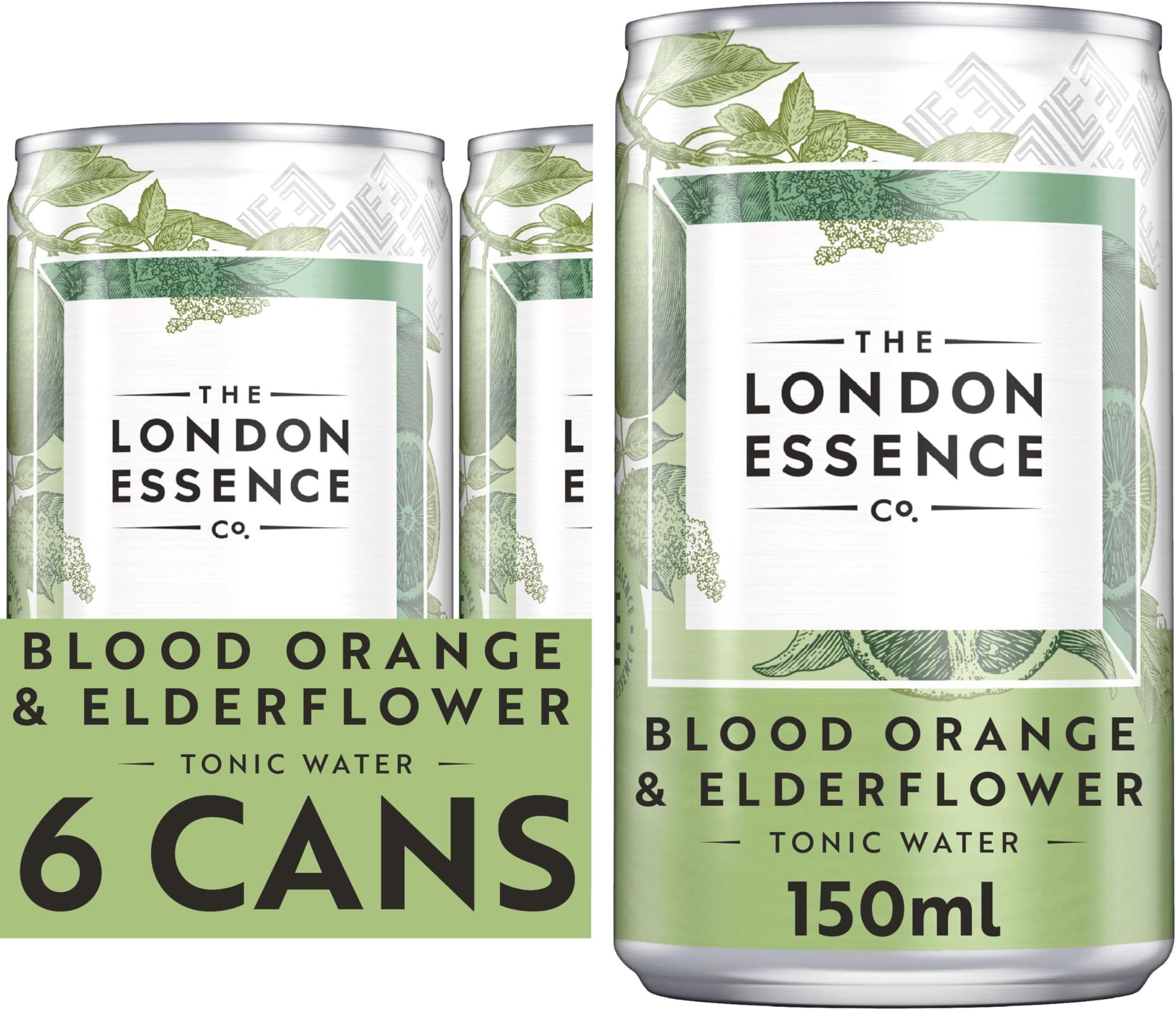 The London Essence Co. Blood Orange & Elderflower Tonic, Premium Cocktail Mixer, 150ml, Pack of 6 cans, No Artificial Colours Preservatives or Flavours, Low Calorie
