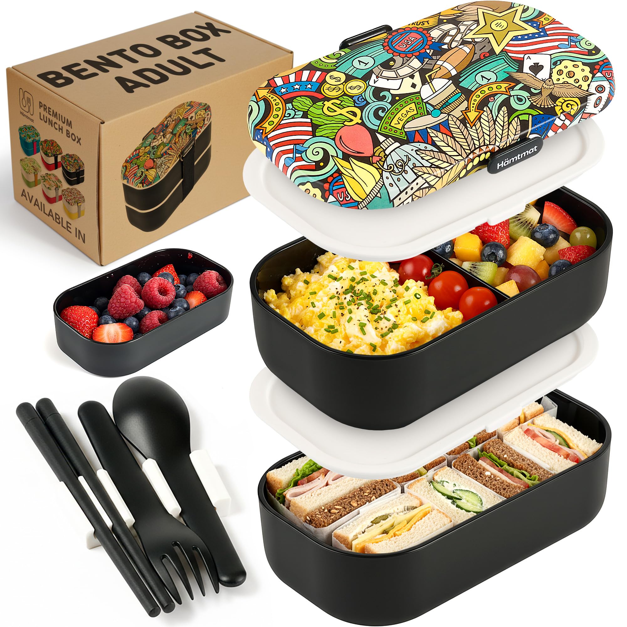 [Lonchera Bento mejorada todo en uno: 2 recipientes de alimentos, taza de salsa, cuchara+tenedor+palillos. Tapas 100% a prueba de fugas. Portátil para el trabajo, almuerzo, viajes, estilo
