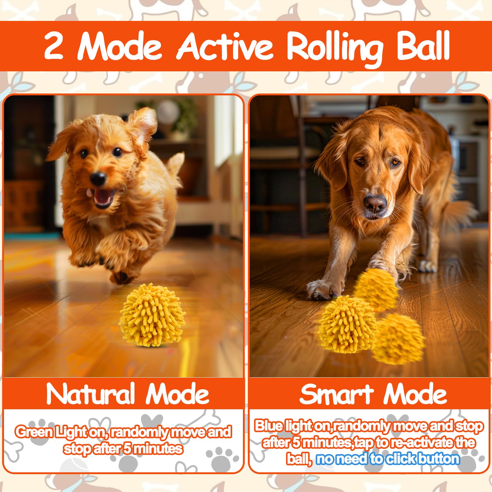 Balle interactive pour chien, balle auto-roulante pour chien avec housse anti-mastication pour petit/moyen/grand, jouet actif pour enrichir les chiens, jouets activés par le mouvement qui bougent sa
