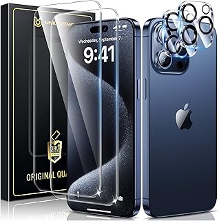[2+2 Pack]UniqueMe Screen Protector Compatible for iPhone 15 Pro Max 6.7-inch, 2 Pack Tempered Glass Screen Protector + 2 Pack Camera Lens Protector Easy Installation, Anti Scratch No Bubble
