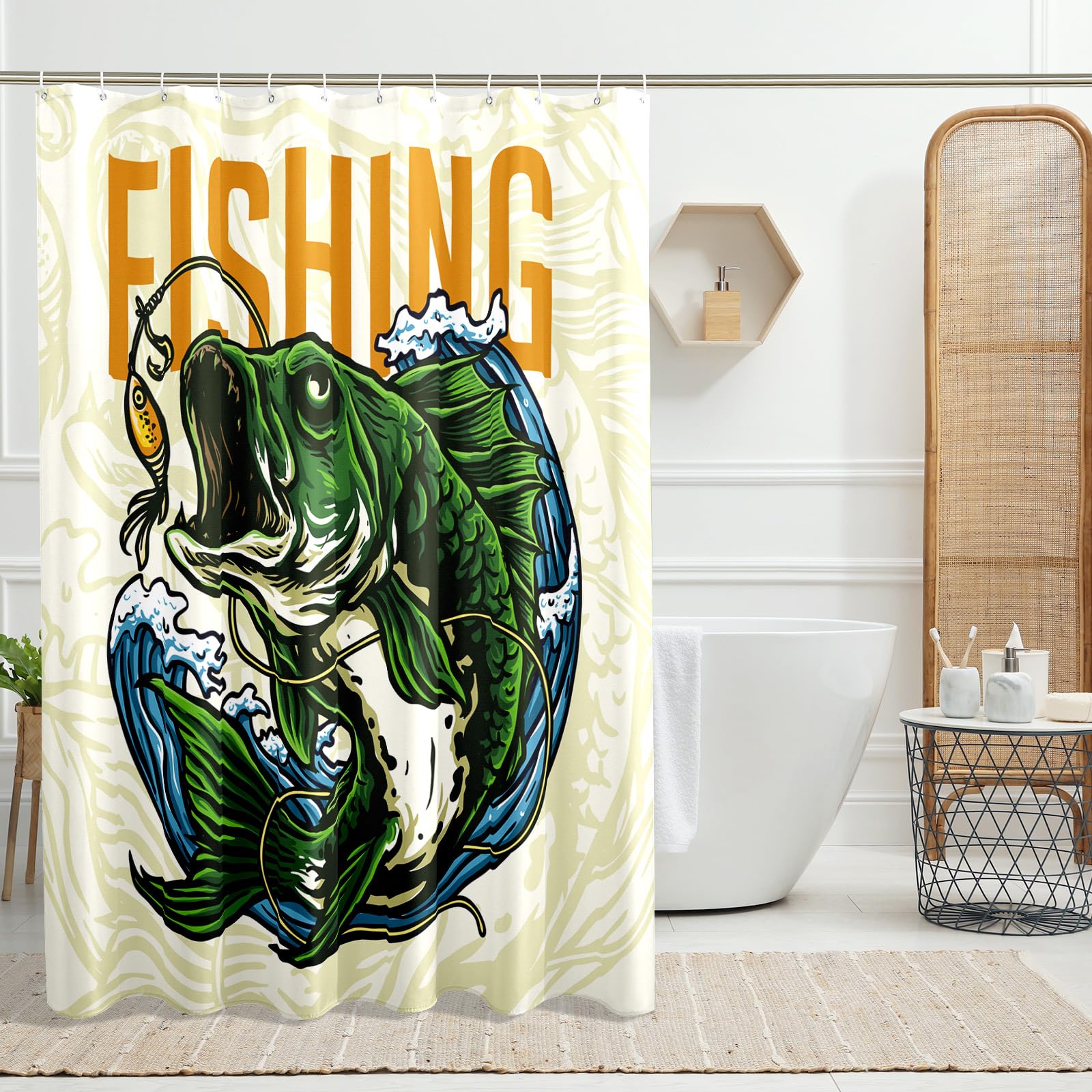 GDHBLING bass Fishing Shower Curtain Natural Men Animal Fish Water Resistant Decorative Cloth Fabric Shower Curtain Set with Hooks Weighted,Dark Green Beige,72x72 Inch : Home & Kitchen