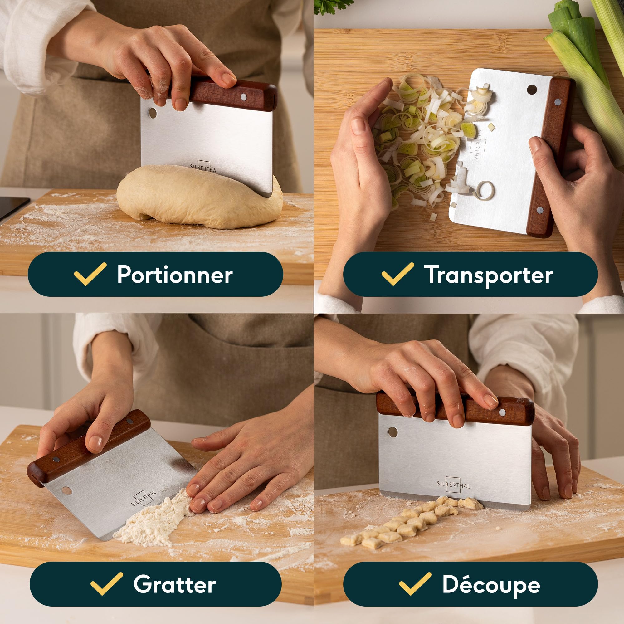 SILBERTHAL Set pierre à pizza 4 pièces – Pelle à pizza en acier inoxydable avec pierre à pizza, roulette à pizza 32 cm & planche de service
