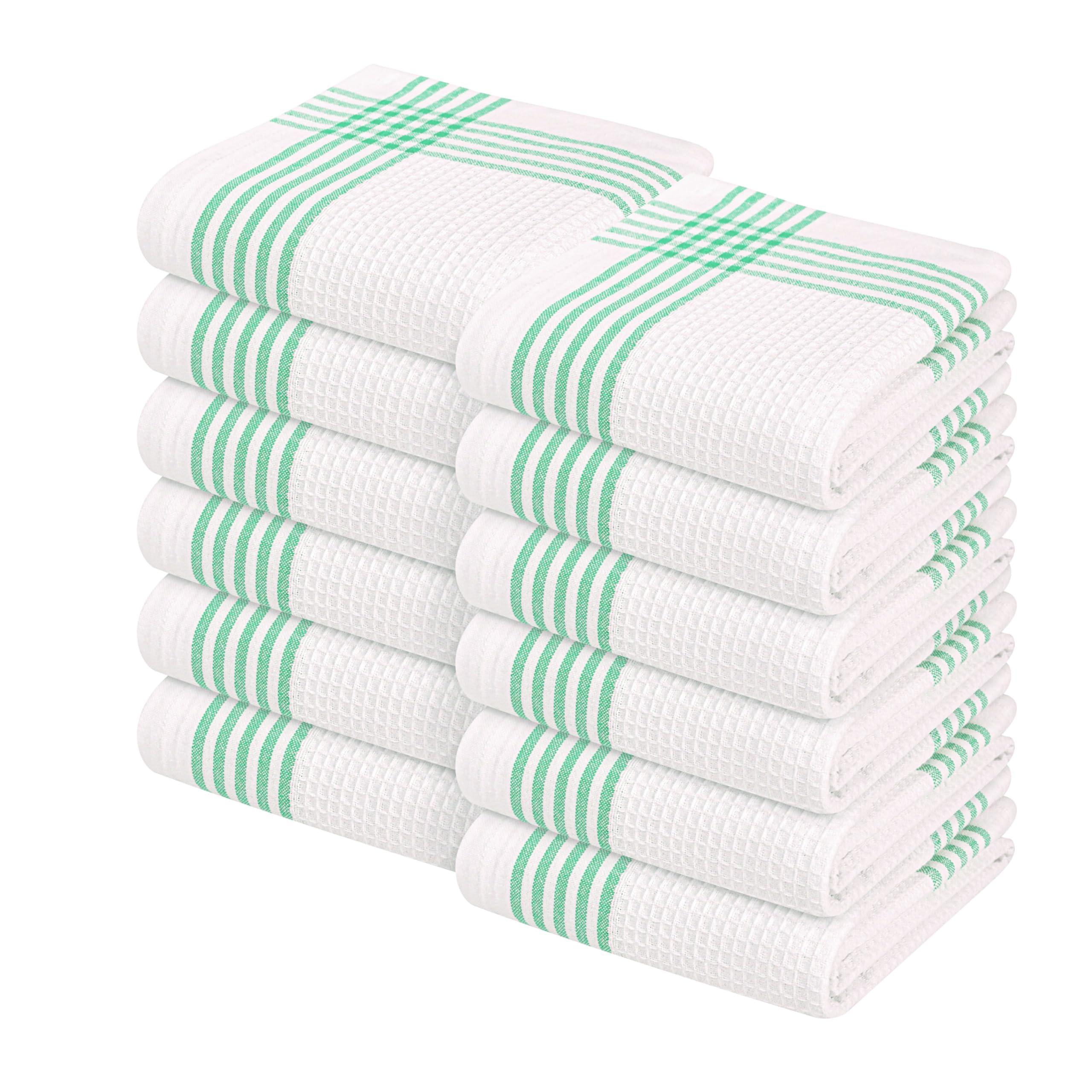 Waffle White &amp; Dark Green Kitchen Towels 12 Pack, 100% Cotton, 16x26 inches, Super Absorbent Tea Towel for Drying Dishes, Quick Drying Kitchen Cloth Set for Daily Cooking, Cleaning